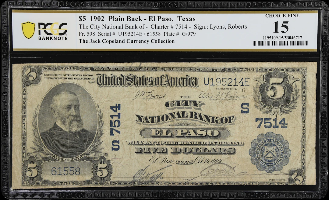 El Paso, Texas. $5 1902 Plain Back. Fr. 598. City NB. Charter #7514.
