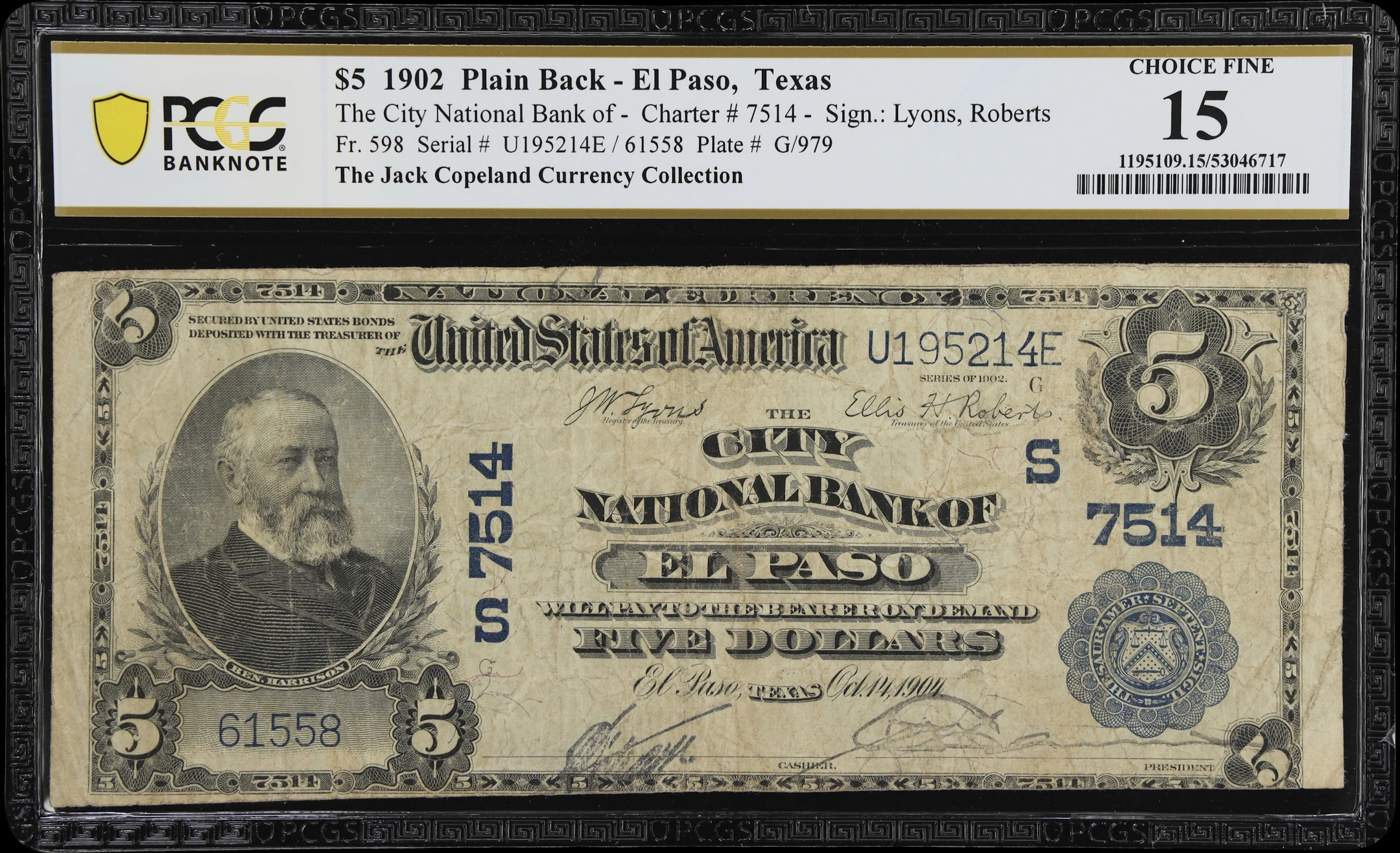 El Paso, Texas. $5 1902 Plain Back. Fr. 598. City NB. Charter #7514.