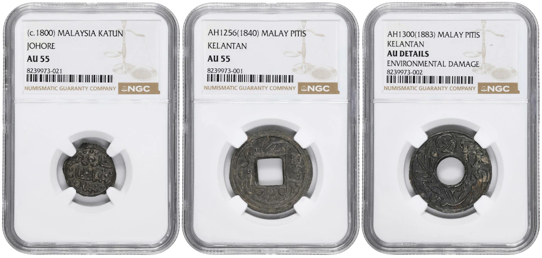 MALAYA. Trio of Tin Denominations (3 Pieces), ca. 1800-1883. All NGC Certified.