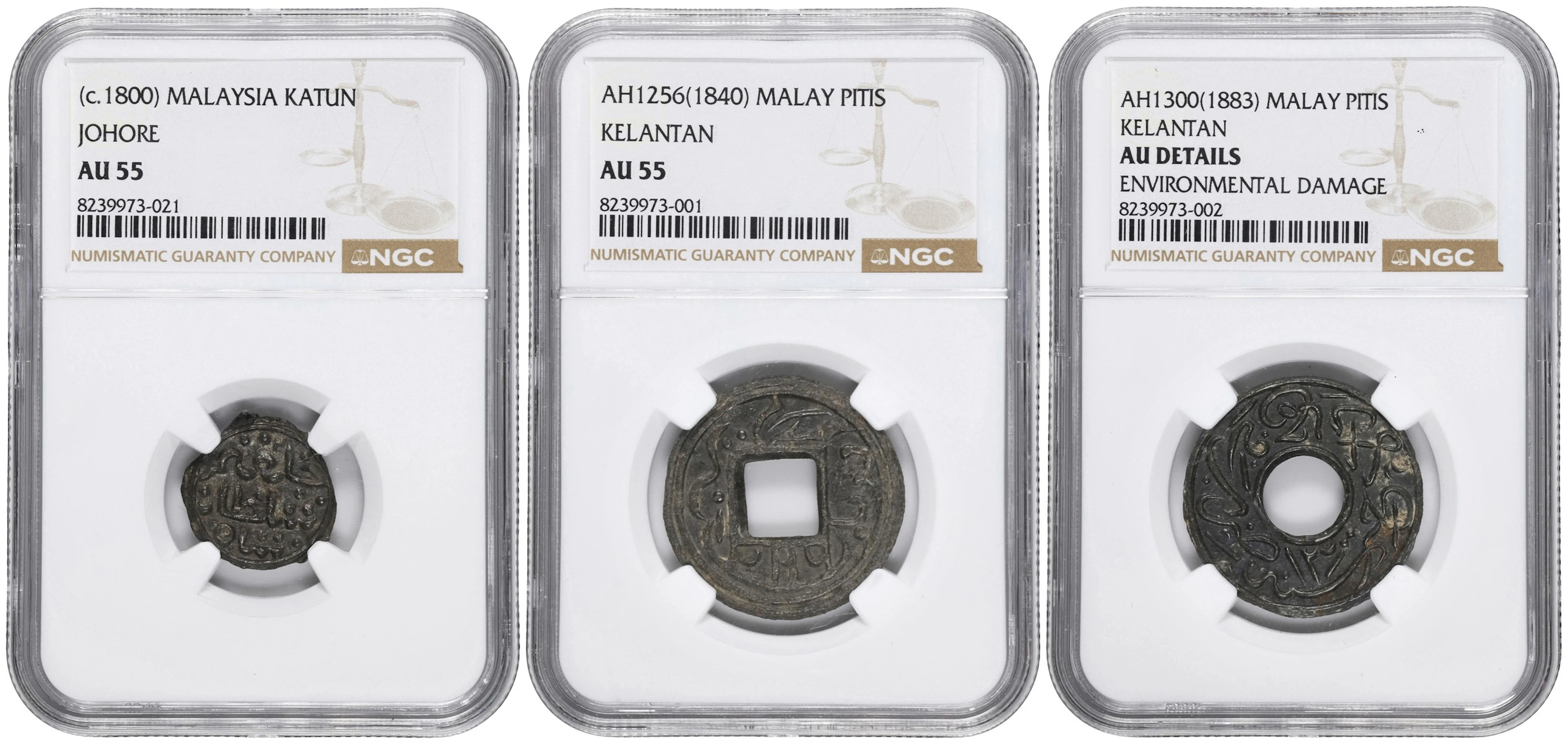 MALAYA. Trio of Tin Denominations (3 Pieces), ca. 1800-1883. All NGC Certified.