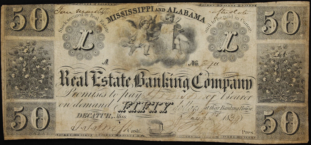 Decatur, Mississippi. Real Estate Banking Company. 1839 $50. Fine.