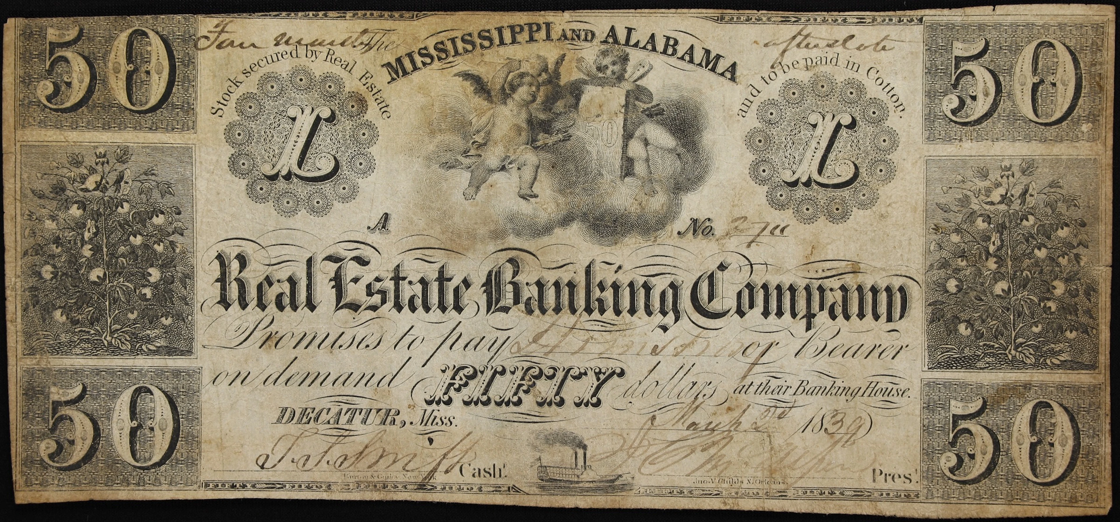 Decatur, Mississippi. Real Estate Banking Company. 1839 $50. Fine.