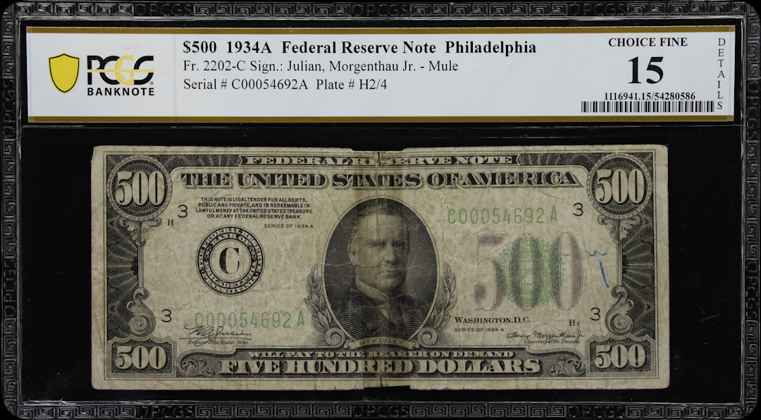 Fr. 2202-C. 1934A $500 Federal Reserve Note. Philadelphia. PCGS Banknote