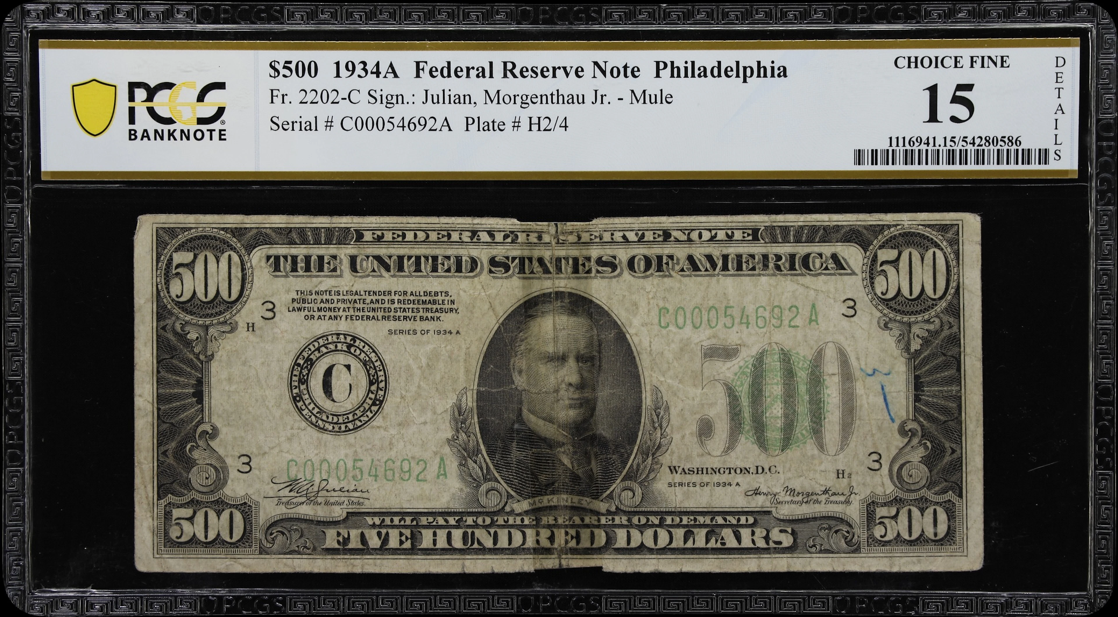 Fr. 2202-C. 1934A $500 Federal Reserve Note. Philadelphia. PCGS Banknote