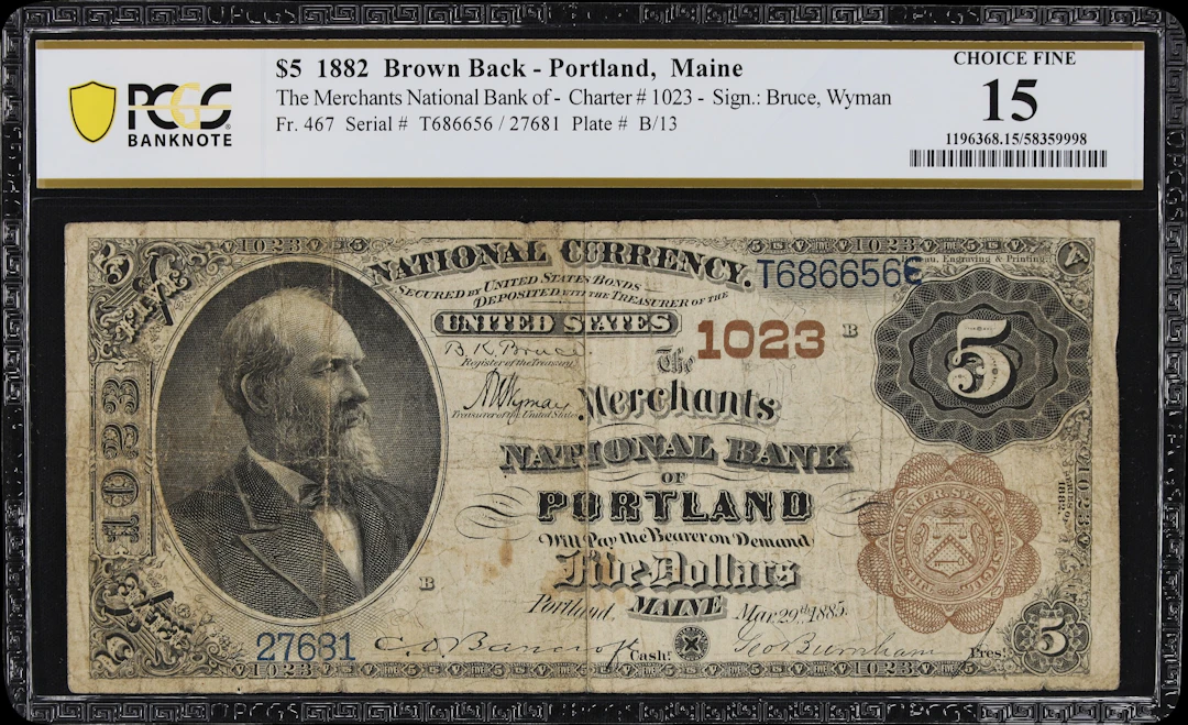 Portland, Maine. $5 1882 Brown Back. Fr. 467. Merchants NB. Charter