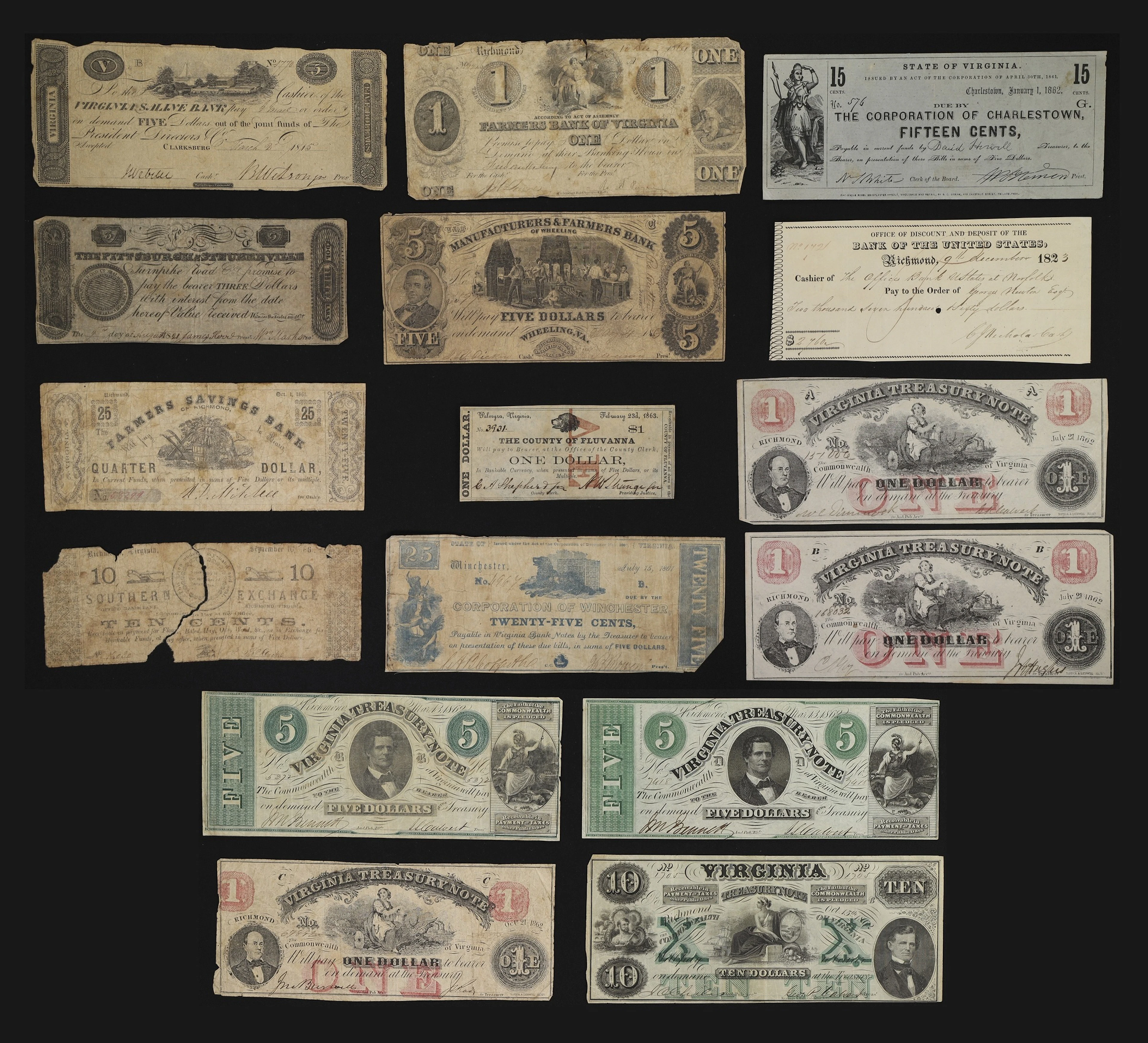 Lot of (16) Virginia Obsoletes. Mixed Issuers. 1810s - 60s Mixed Denominations.