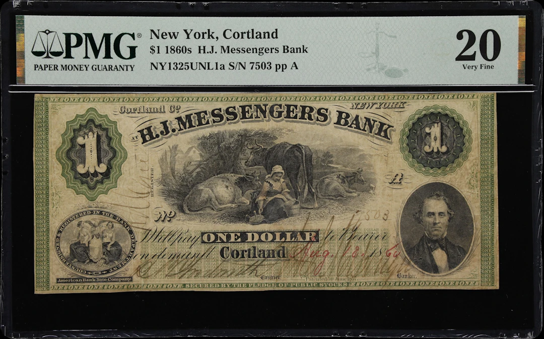 Cortland, New York. H.J. Messengers Bank. 1860 $1. PMG Very Fine 20.
