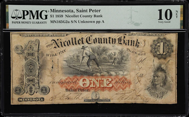 Saint Peter, Minnesota. Nicollet County Bank. 1859 $1. PMG Very Good