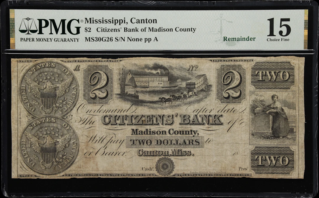 Canton, Mississippi. Citizens' Bank of Madison County. 18xx $2. PMG