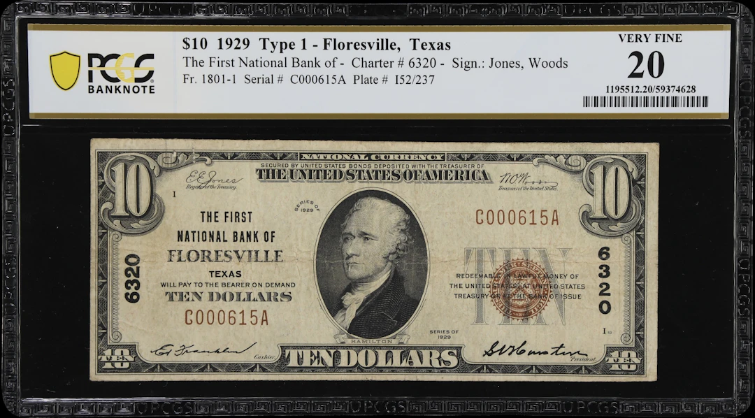 Floresville, Texas. $10 1929 Ty. 1. Fr. 1801-1. First NB. Charter