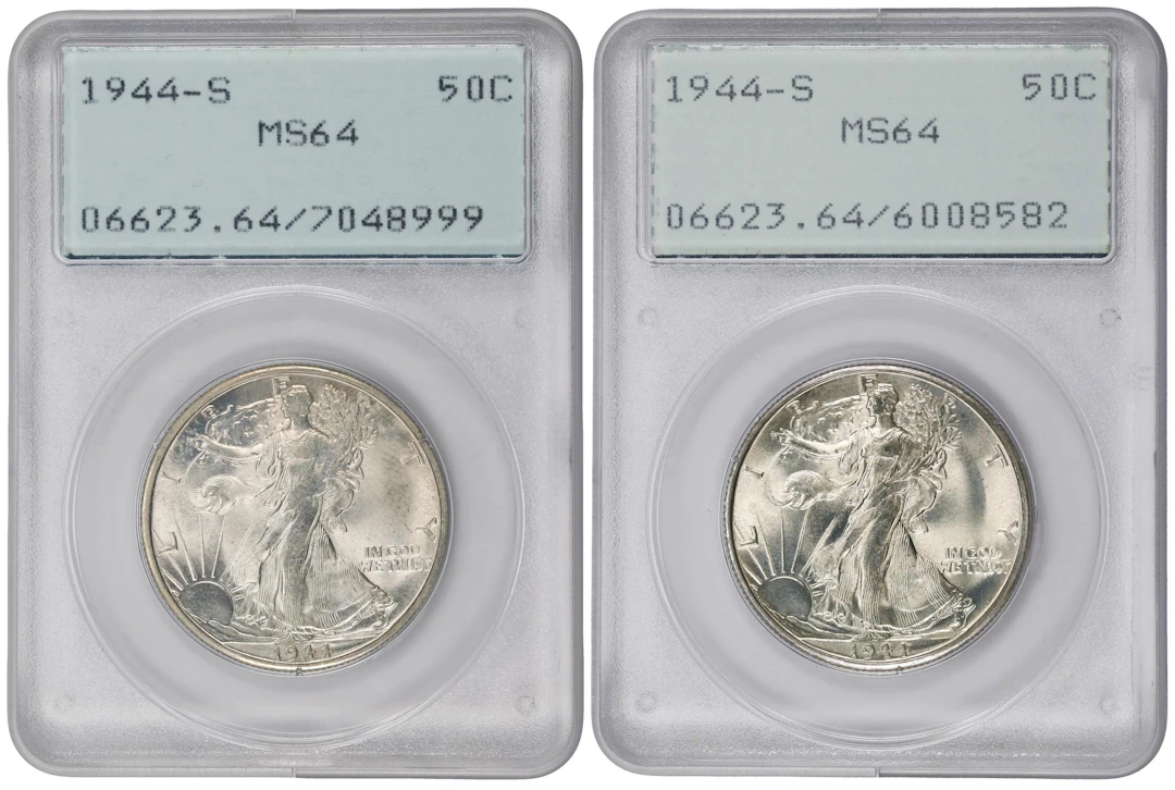 Lot of (2) 1944-S Walking Liberty Half Dollars. MS-64 (PCGS). OGH