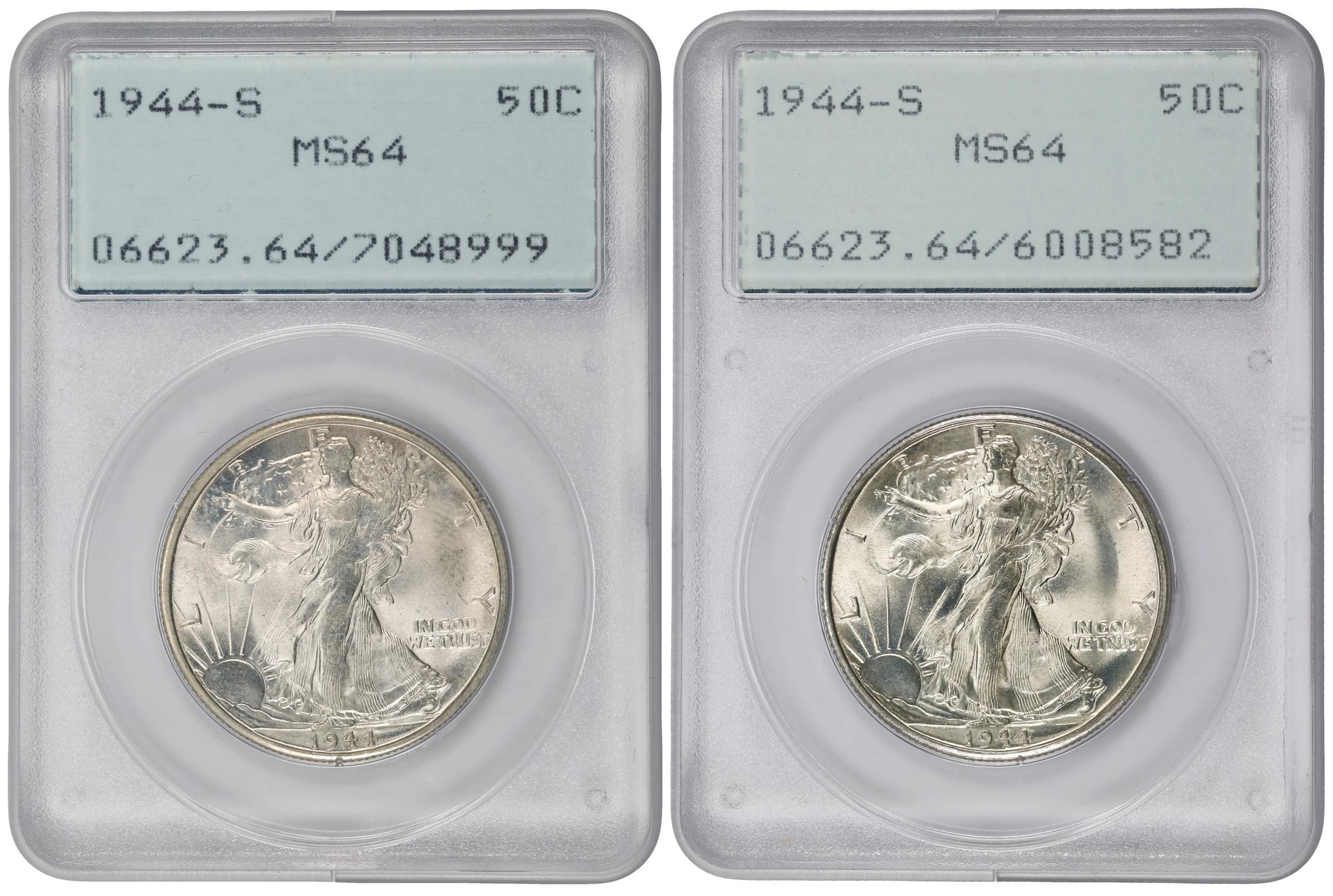 Lot of (2) 1944-S Walking Liberty Half Dollars. MS-64 (PCGS). OGH