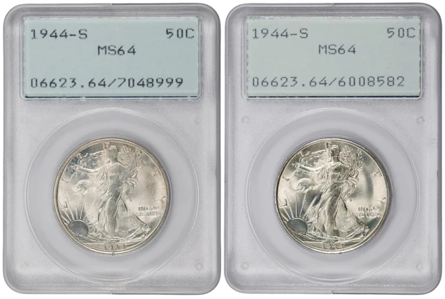 Lot of (2) 1944-S Walking Liberty Half Dollars. MS-64 (PCGS). OGH