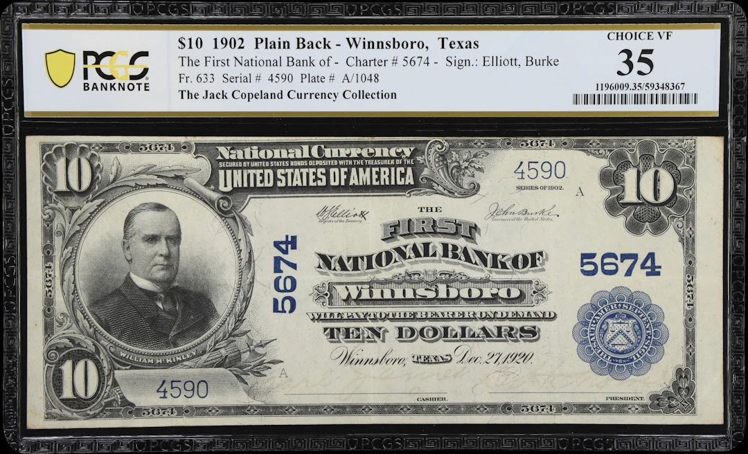 Winnsboro, Texas. $10 1902 Plain Back. Fr. 633. First NB. Charter