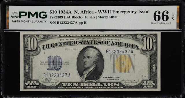 Fr. 2309. 1934A $10 North Africa Emergency Note. PMG Gem Uncirculated 66 EPQ.