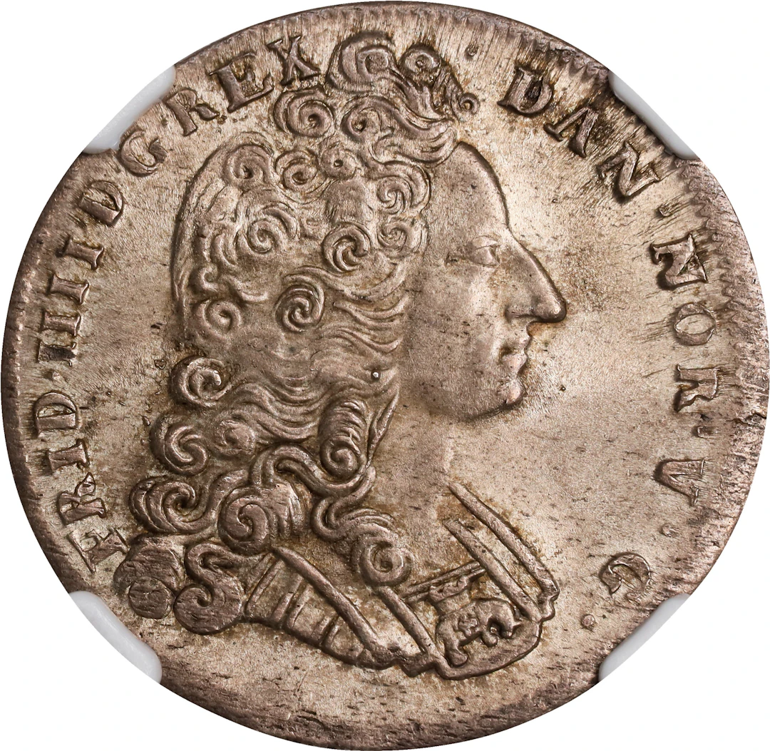 DENMARK. 16 Skilling (Mark), 1715. Copenhagen Mint. Frederik IV. NGC MS-65.