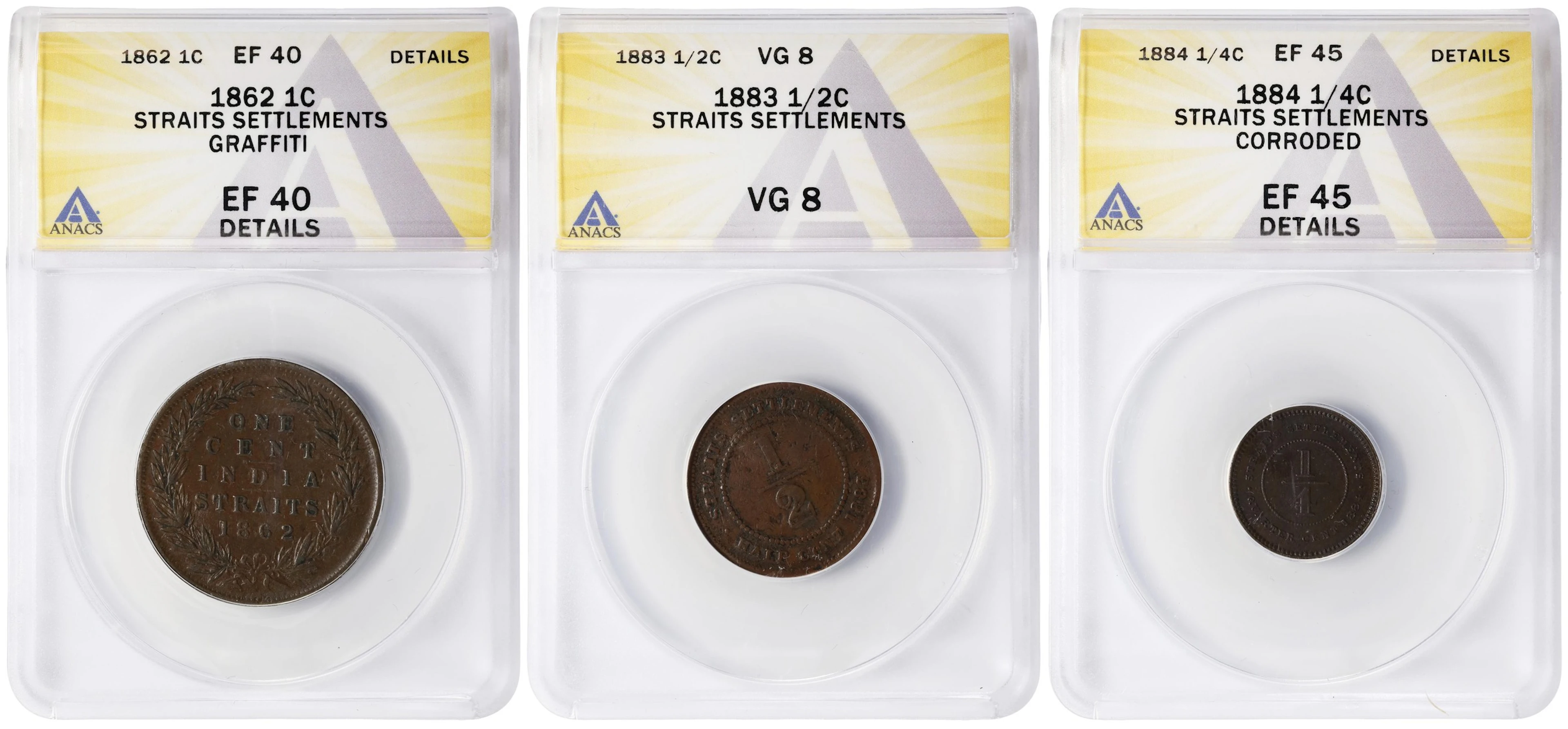 STRAITS SETTLEMENTS. Trio of Copper Minors (3 Pieces), 1862. Victoria.