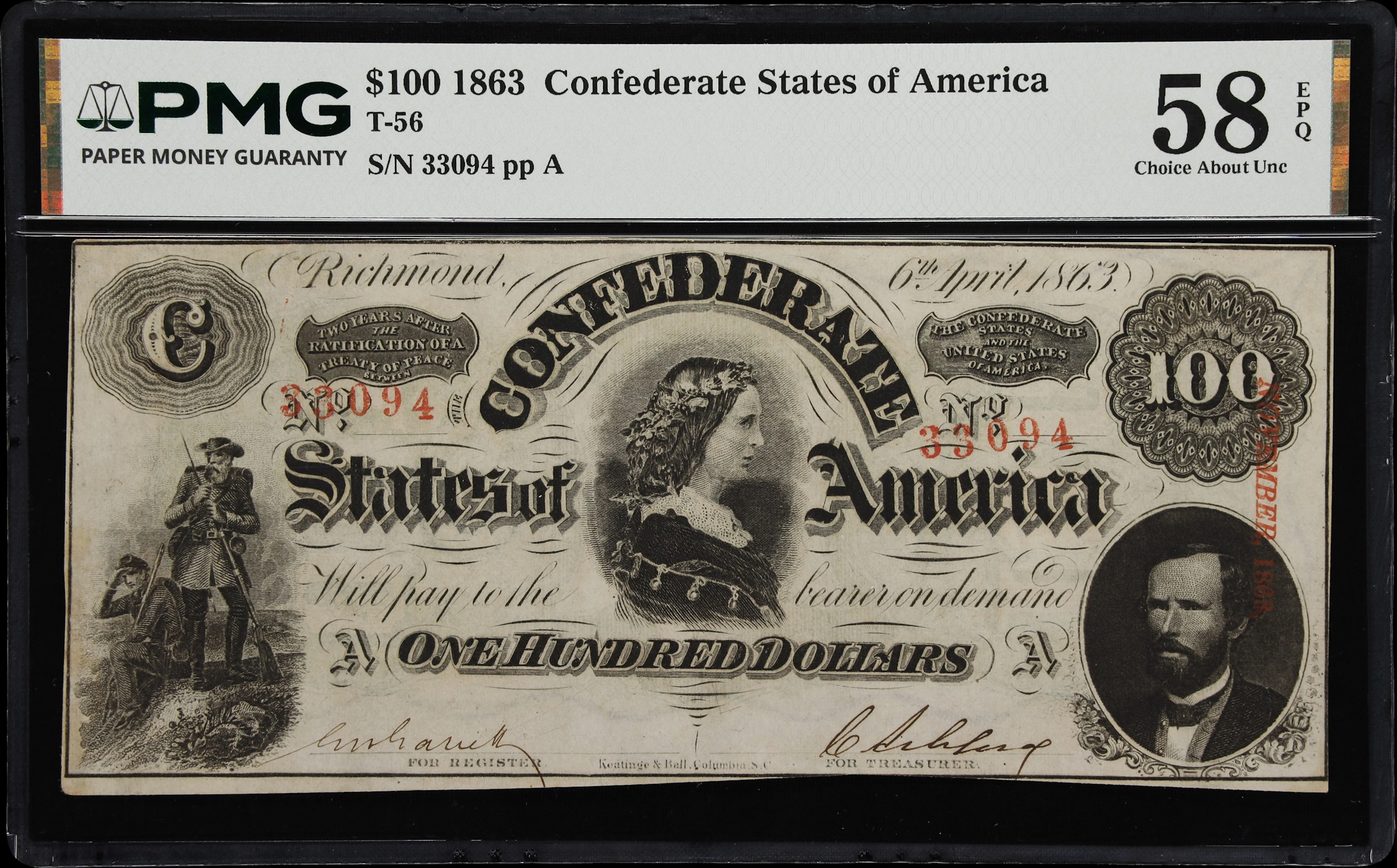 T-56. Confederate Currency. 1863 $100. PMG Choice About Uncirculated 58 EPQ.