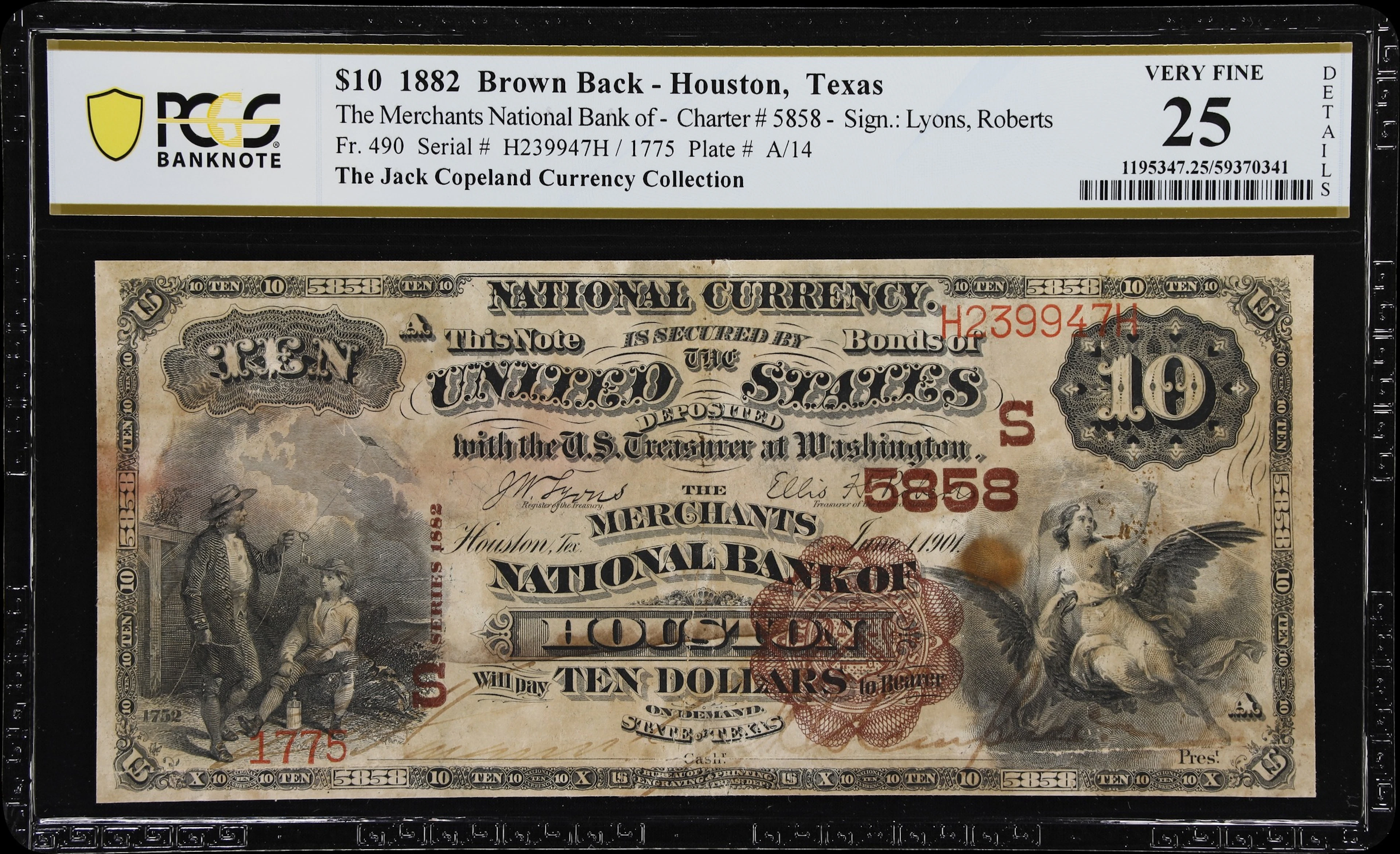Houston, Texas. $10 1882 Brown Back. Fr. 490. Merchants NB. Charter
