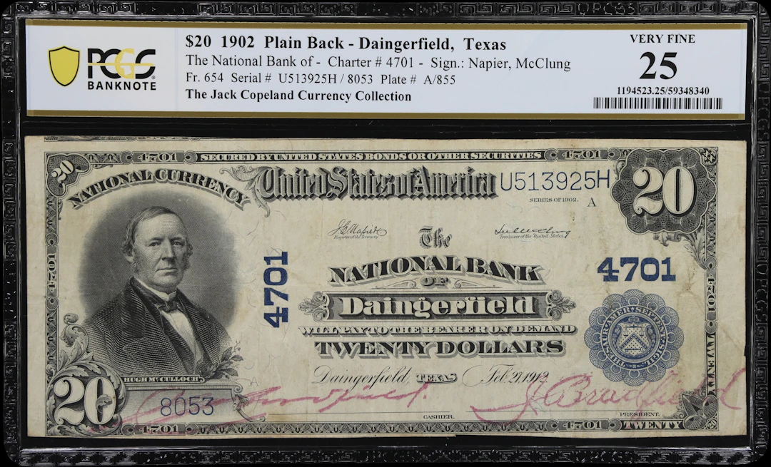 Daingerfield, Texas. $20 1902 Plain Back. Fr. 654. NB. Charter #4701.