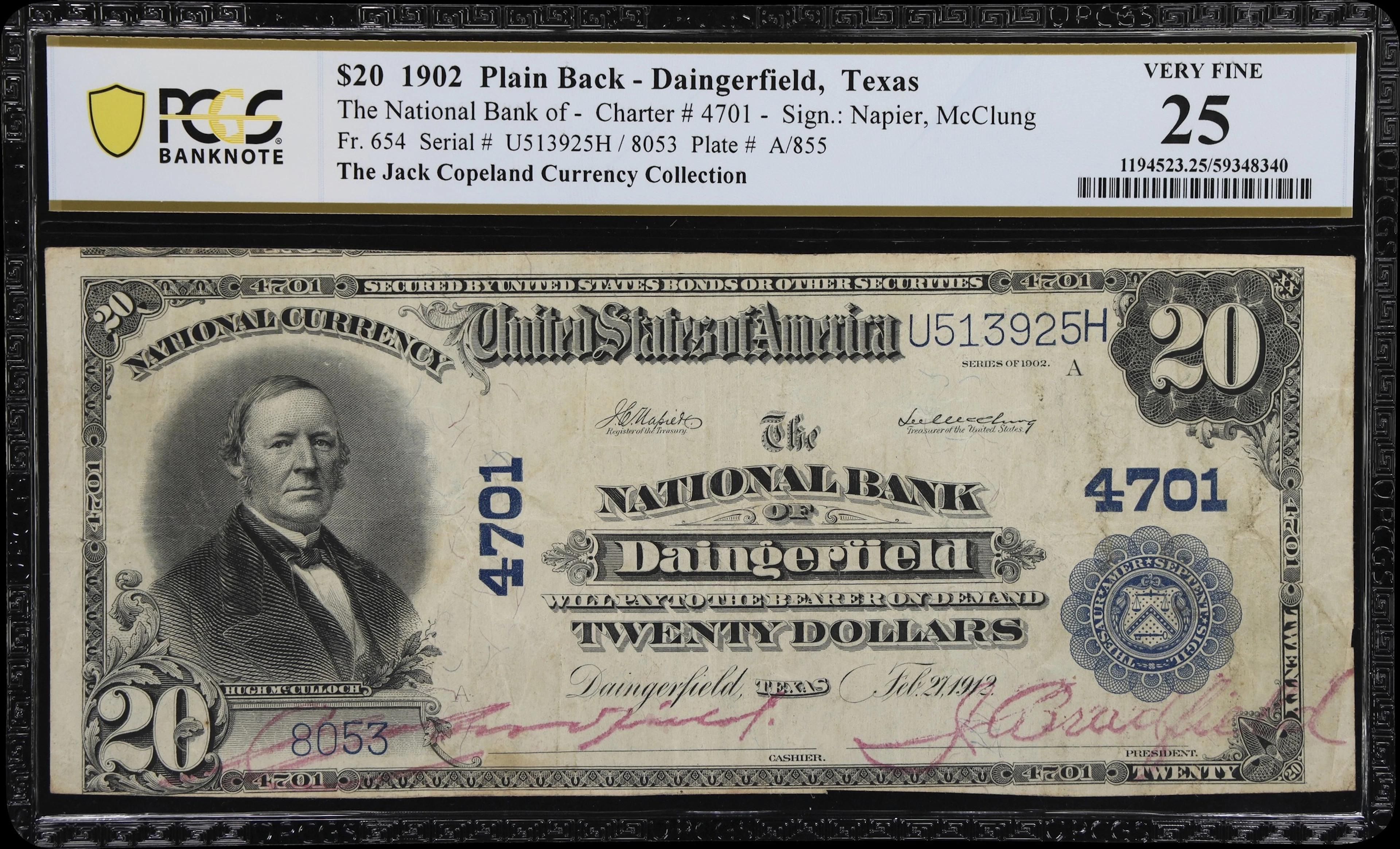 Daingerfield, Texas. $20 1902 Plain Back. Fr. 654. NB. Charter #4701.
