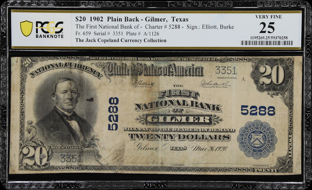 Gilmer, Texas. $20 1902 Plain Back. Fr. 659. First NB. Charter #5288.