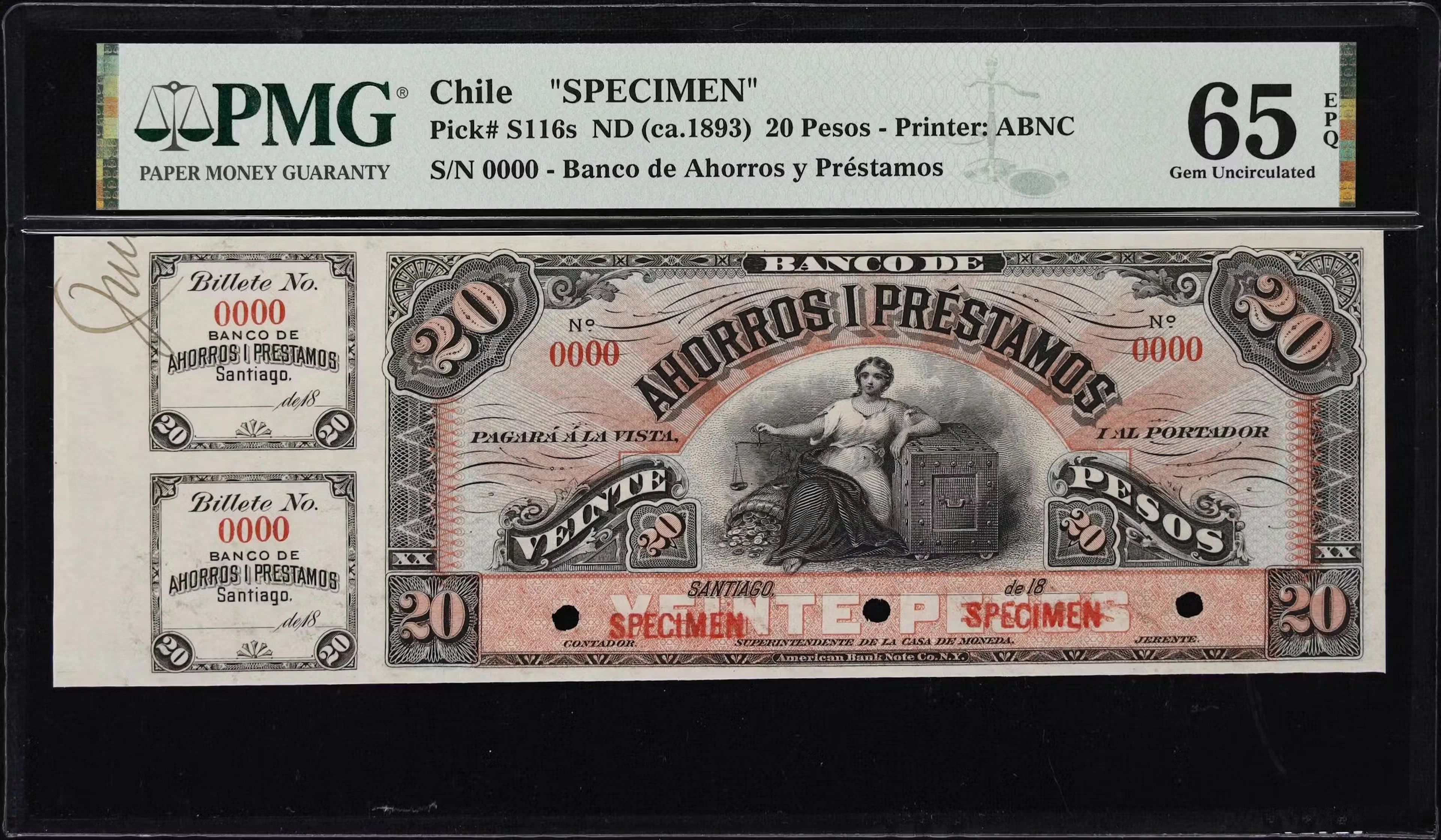CHILE. Banco de Ahorros y Prestamos. 20 Pesos, ND (ca.1893). P-S116s.