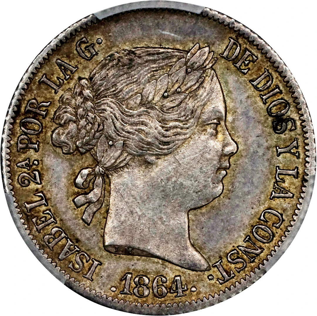 PHILIPPINES. 20 Centimos, 1864. Manila Mint. Isabel II. PCGS AU-55.