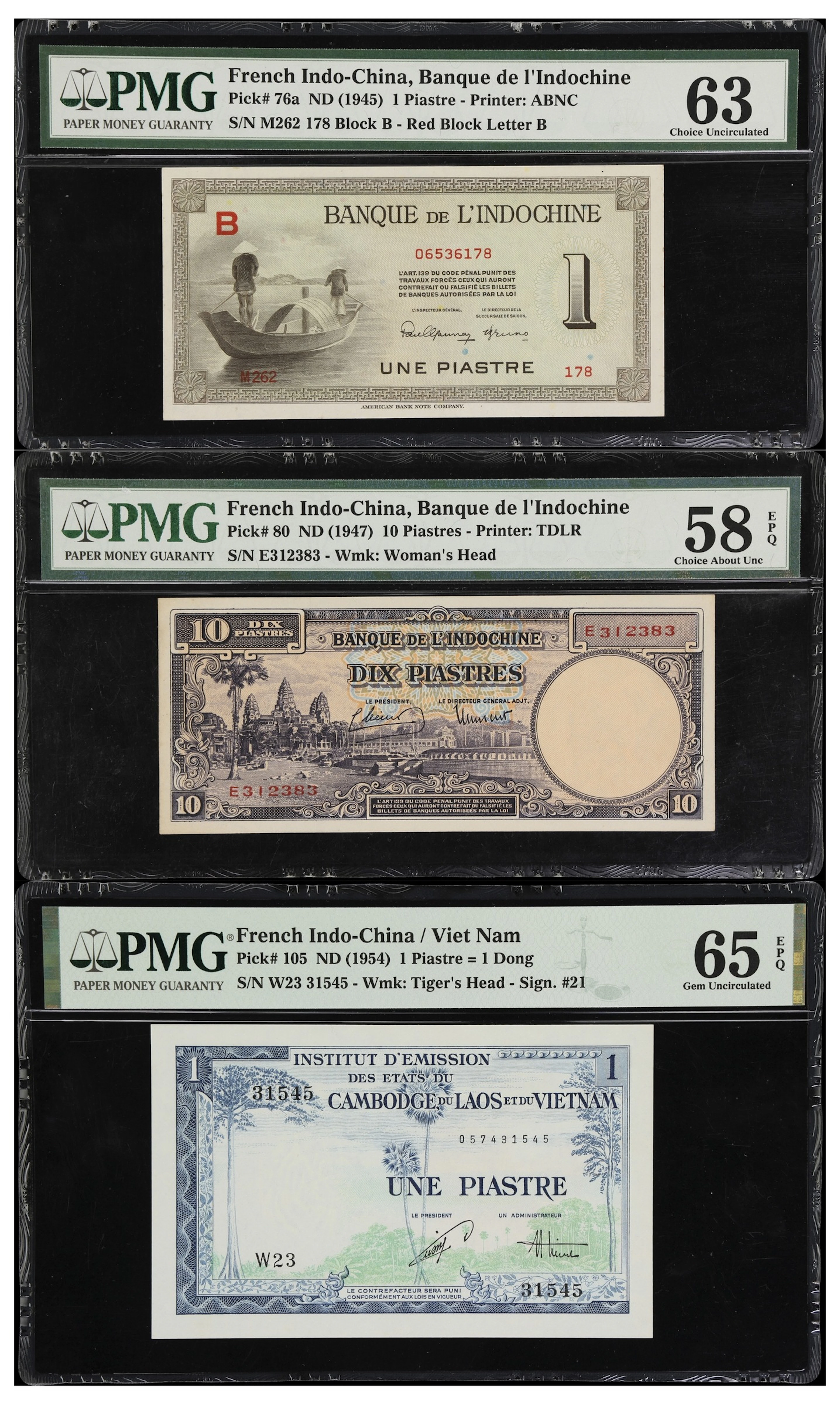 FRENCH INDO-CHINA. Lot of (3). Banque de l'Indochine & Institut d'Emission