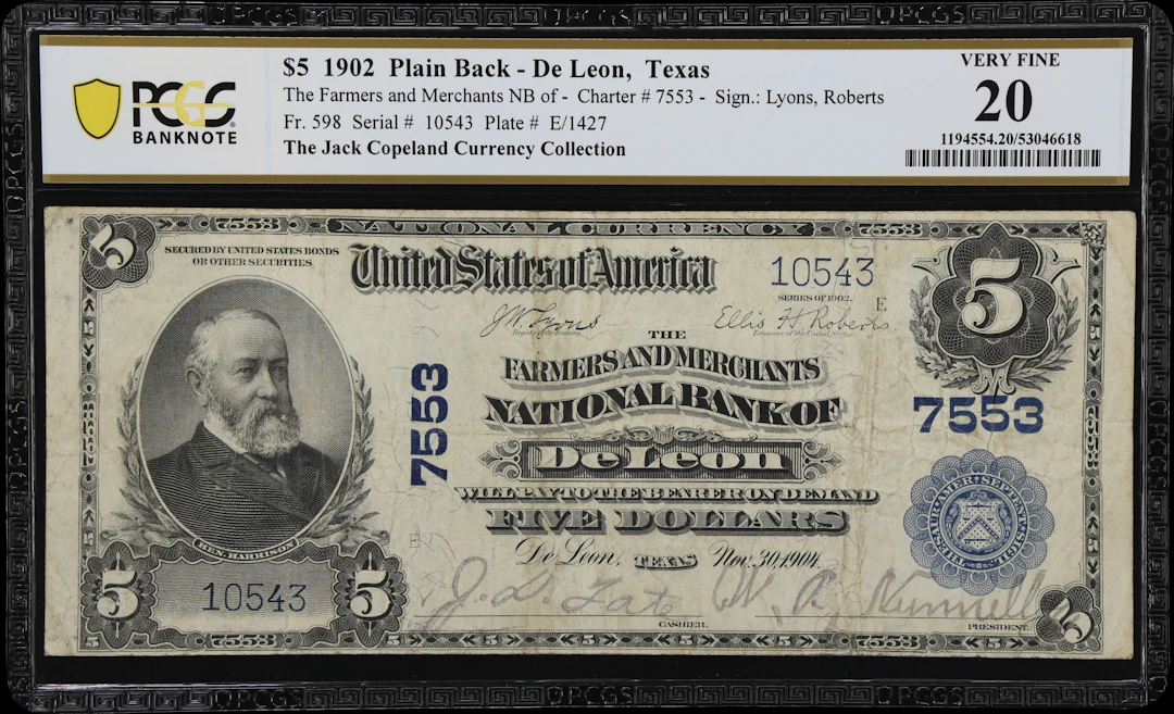 De Leon, Texas. $5 1902 Plain Back. Fr. 598. Farmers & Merchants NB.