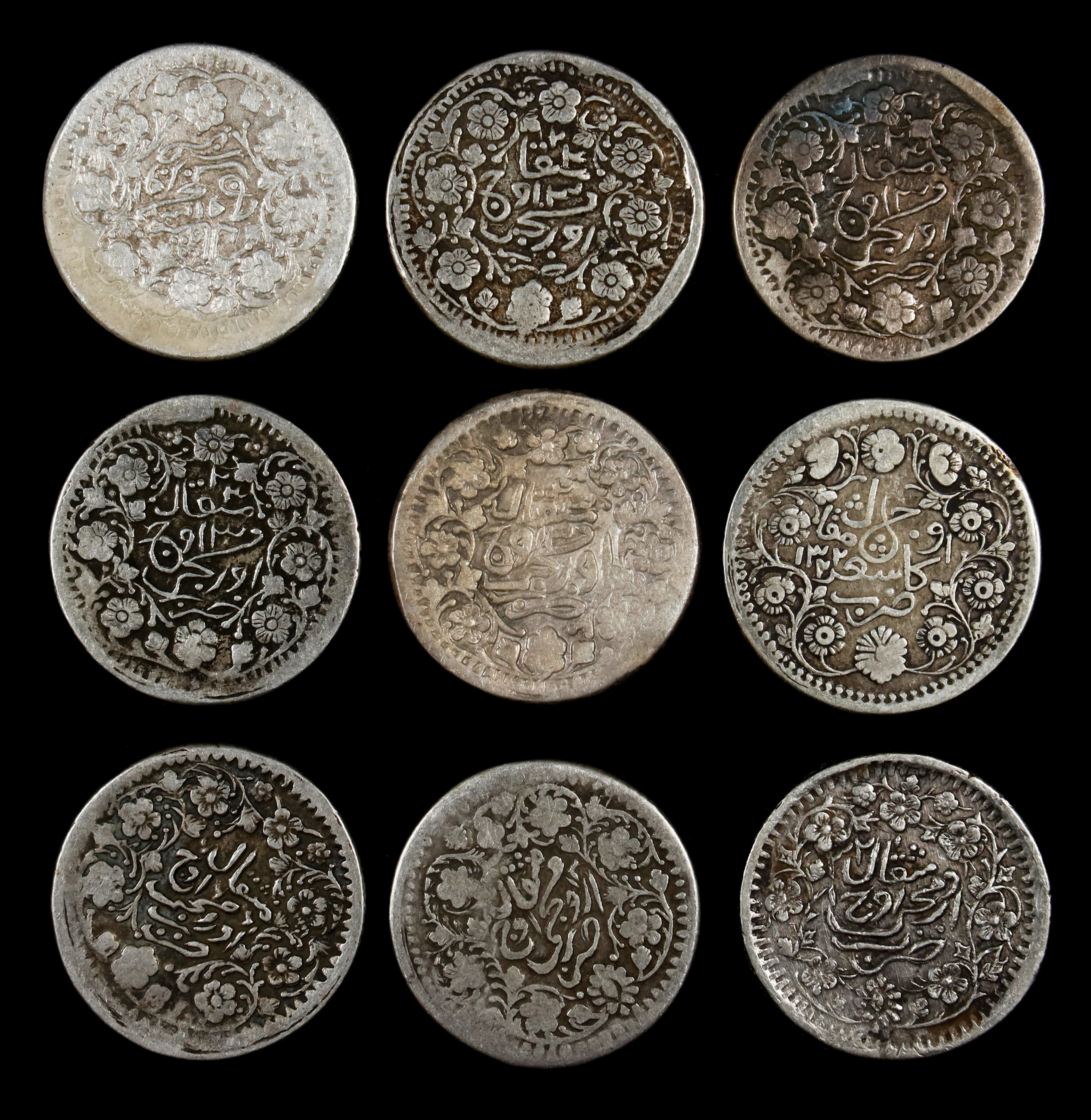 (t) CHINA. Sinkiang. Nonet of 3 Mace (Miscal) (9 Pieces), 1882-1906.