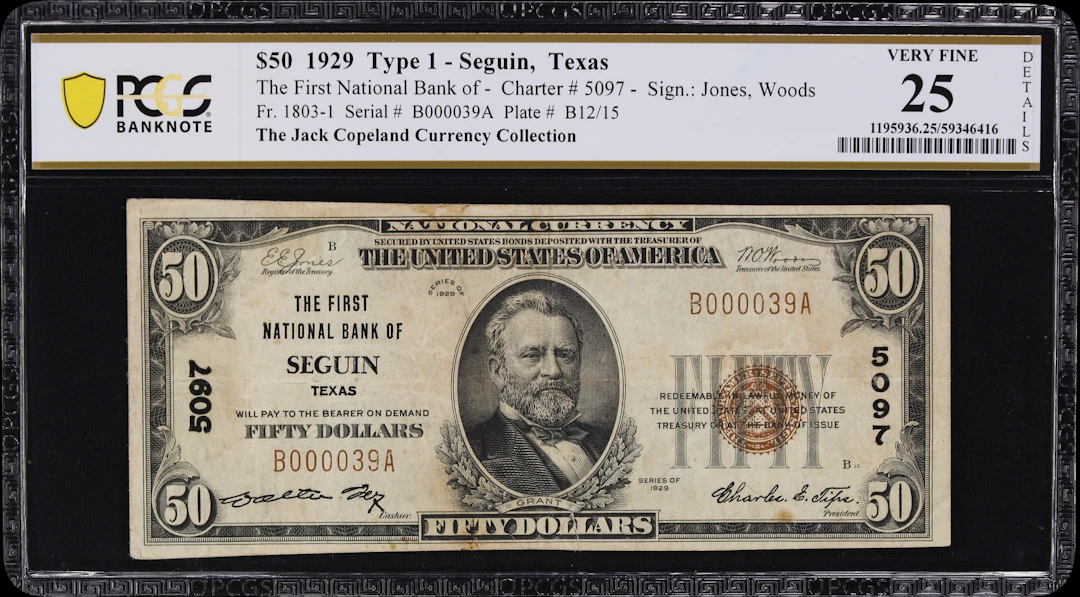 Seguin, Texas. $50 1929 Ty. 1. Fr. 1803-1. First NB. Charter #5097.
