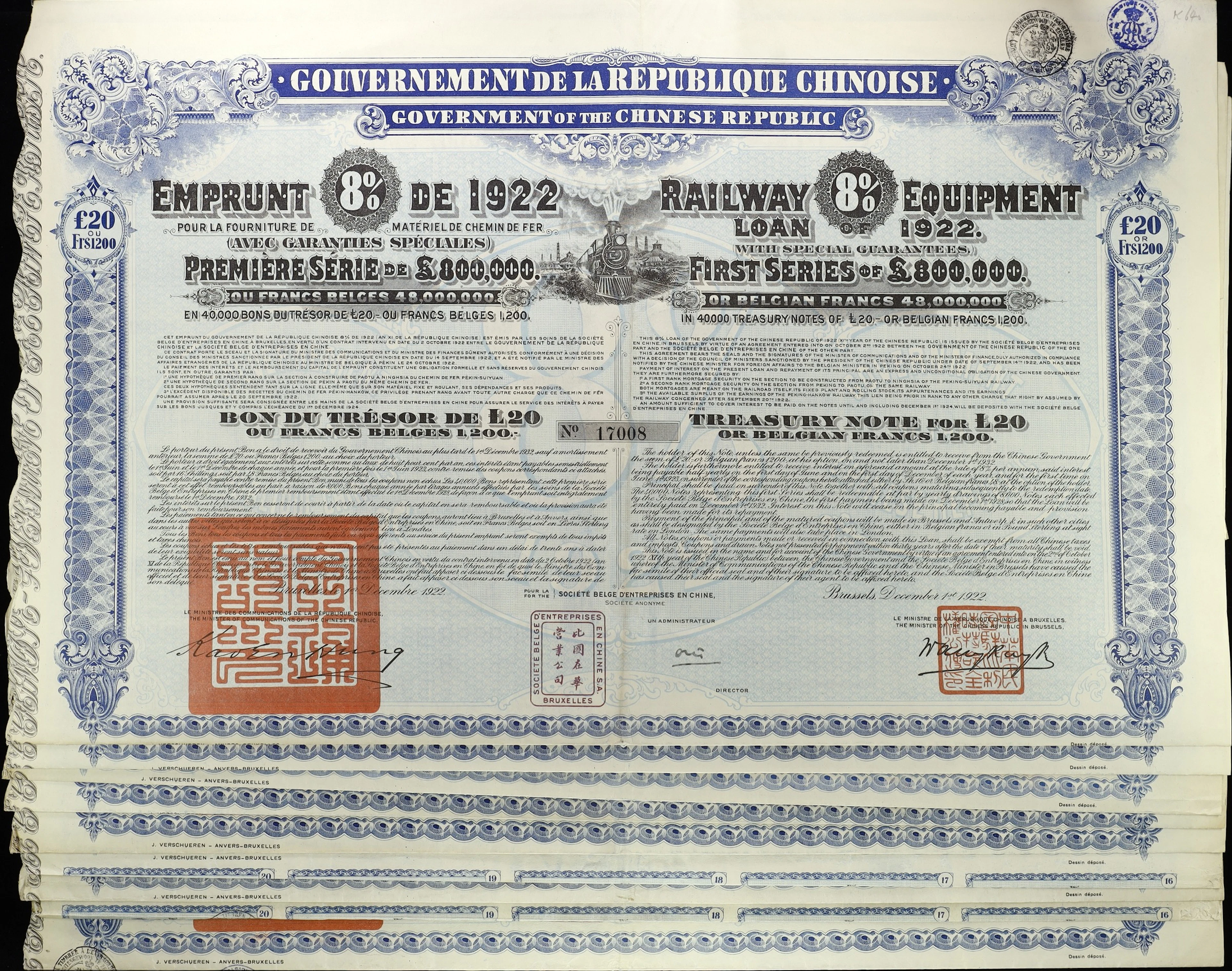 CHINA--REPUBLIC. Lot of (9). 1922 8% Government of the Chinese Republic