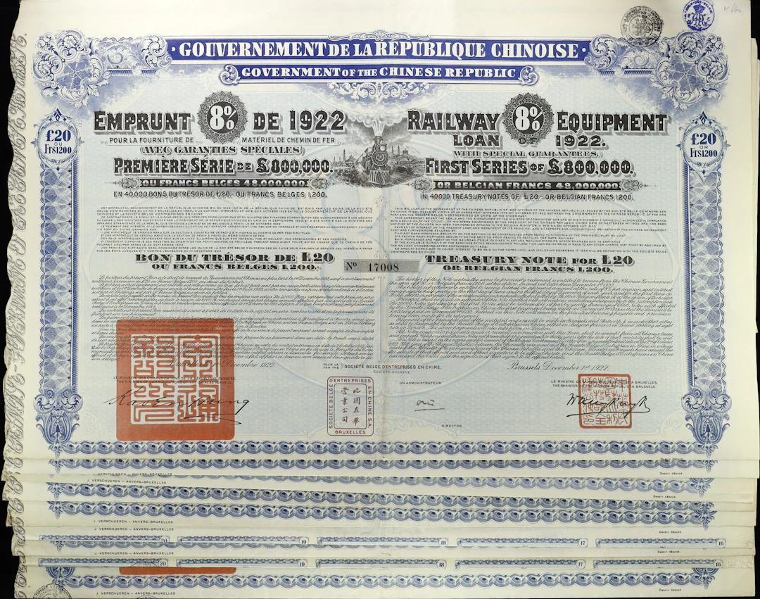 CHINA--REPUBLIC. Lot of (9). 1922 8% Government of the Chinese Republic
