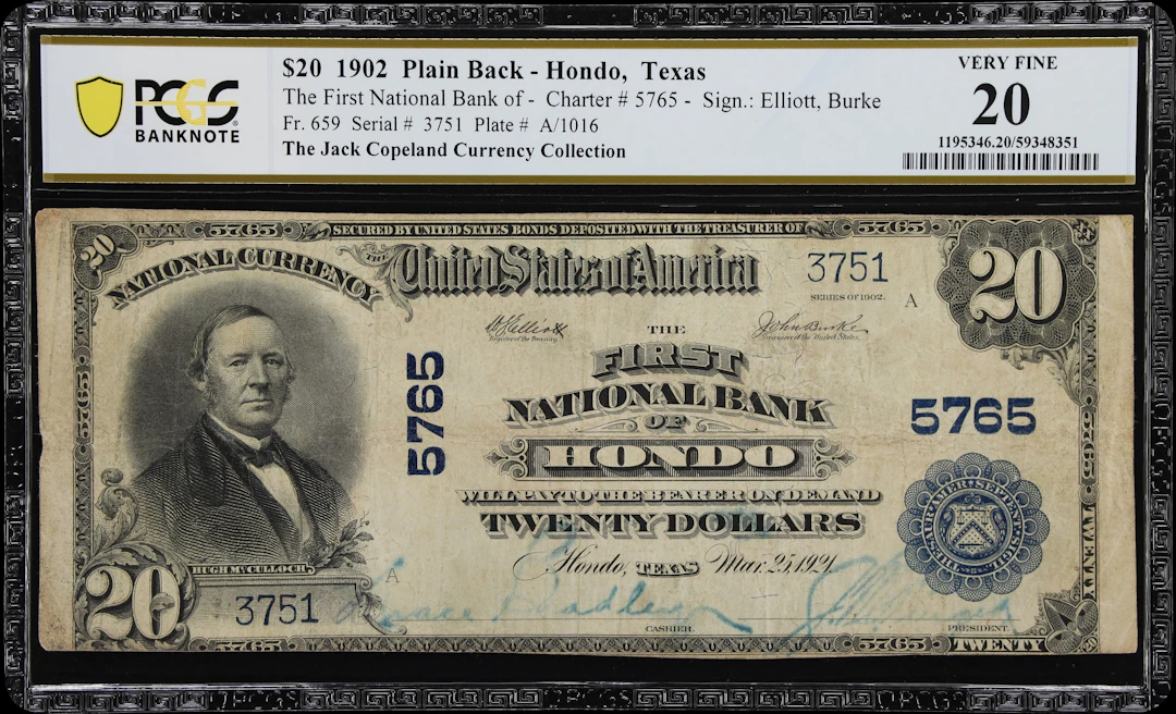 Hondo, Texas. $20 1902 Plain Back. Fr. 659. First NB. Charter #5765.