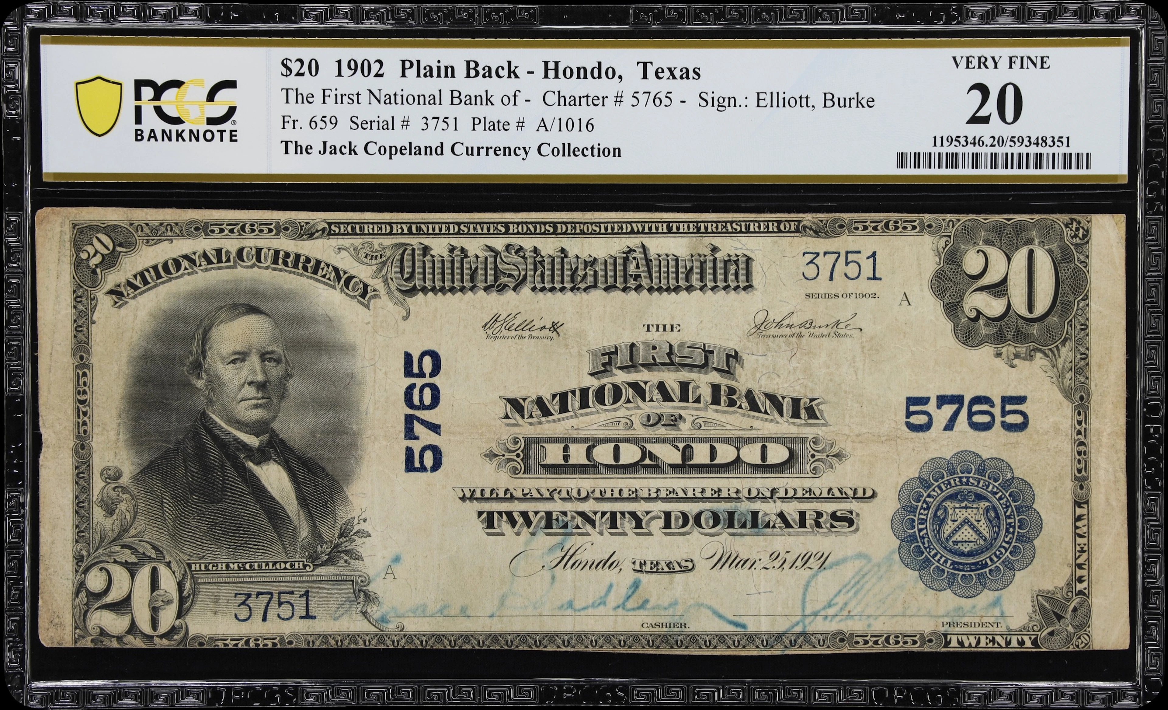 Hondo, Texas. $20 1902 Plain Back. Fr. 659. First NB. Charter #5765.