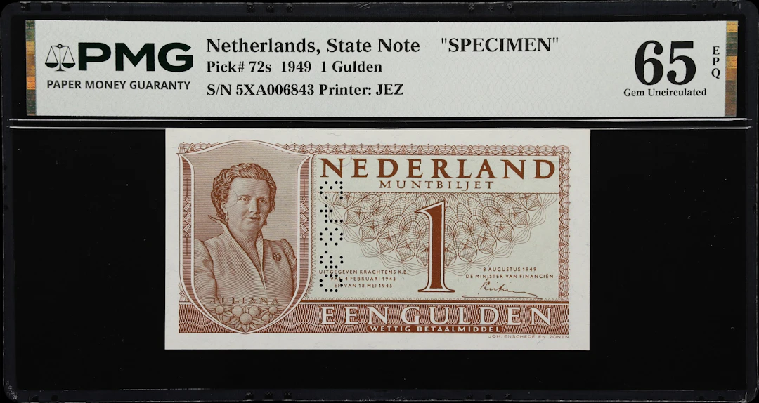 (◊) NETHERLANDS. Muntbiljet. 1 Gulden, 8.8.1949. P-72s. Specimen.