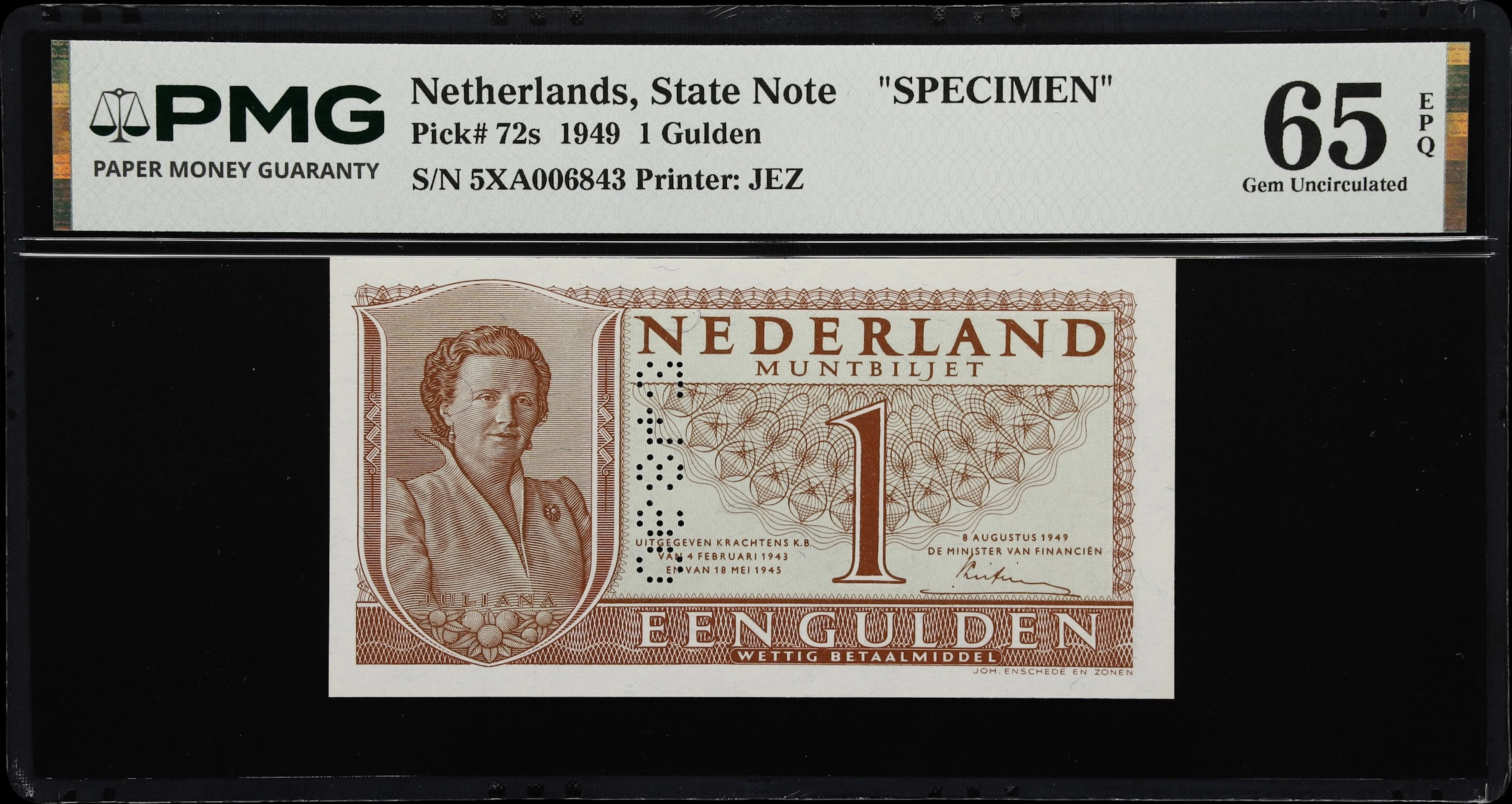 (◊) NETHERLANDS. Muntbiljet. 1 Gulden, 8.8.1949. P-72s. Specimen.