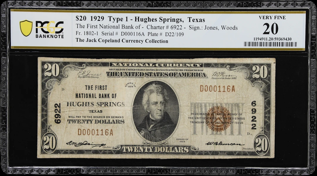 Hughes Springs, Texas. $20 1929 Ty. 1. Fr. 1802-1. First NB. Charter