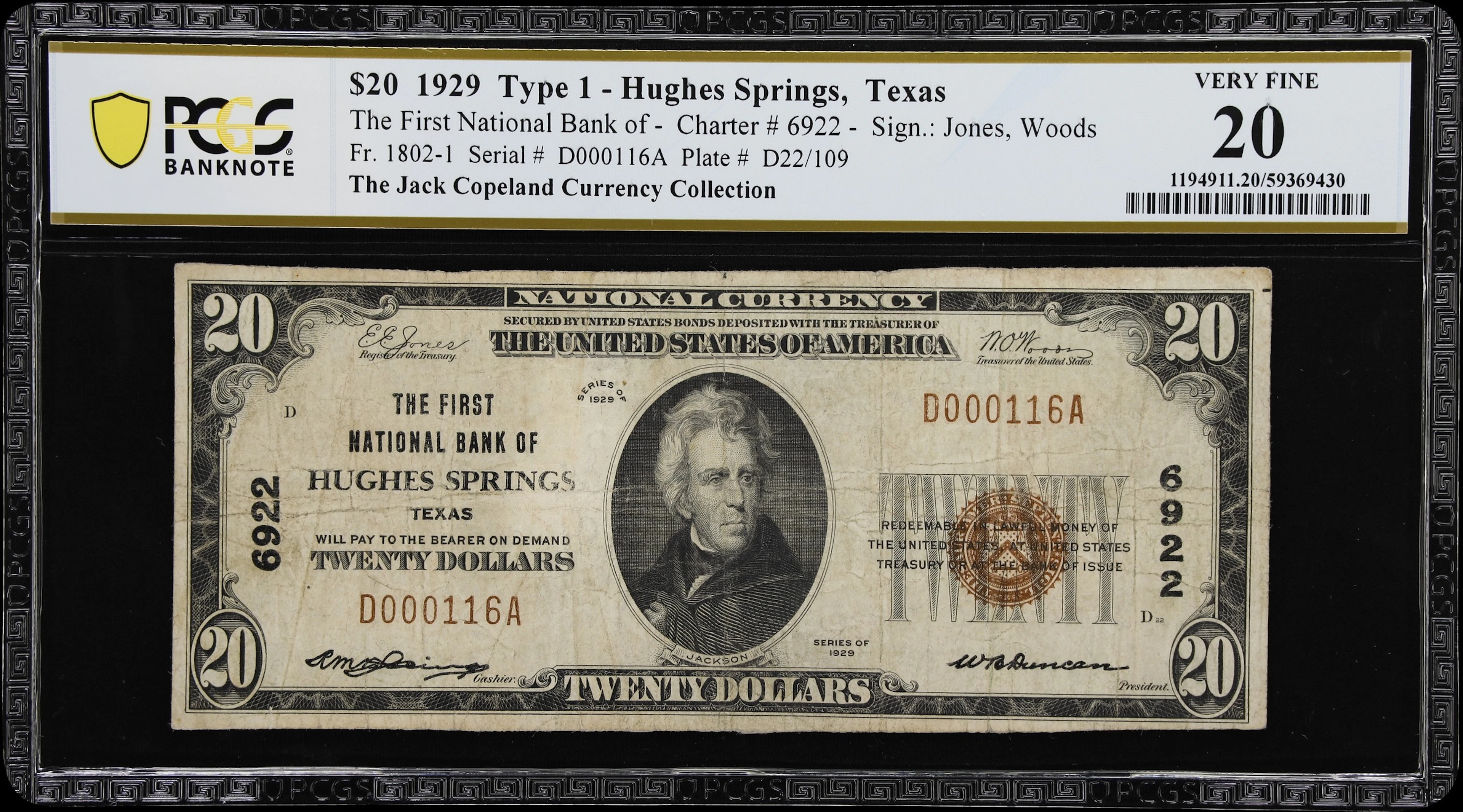 Hughes Springs, Texas. $20 1929 Ty. 1. Fr. 1802-1. First NB. Charter