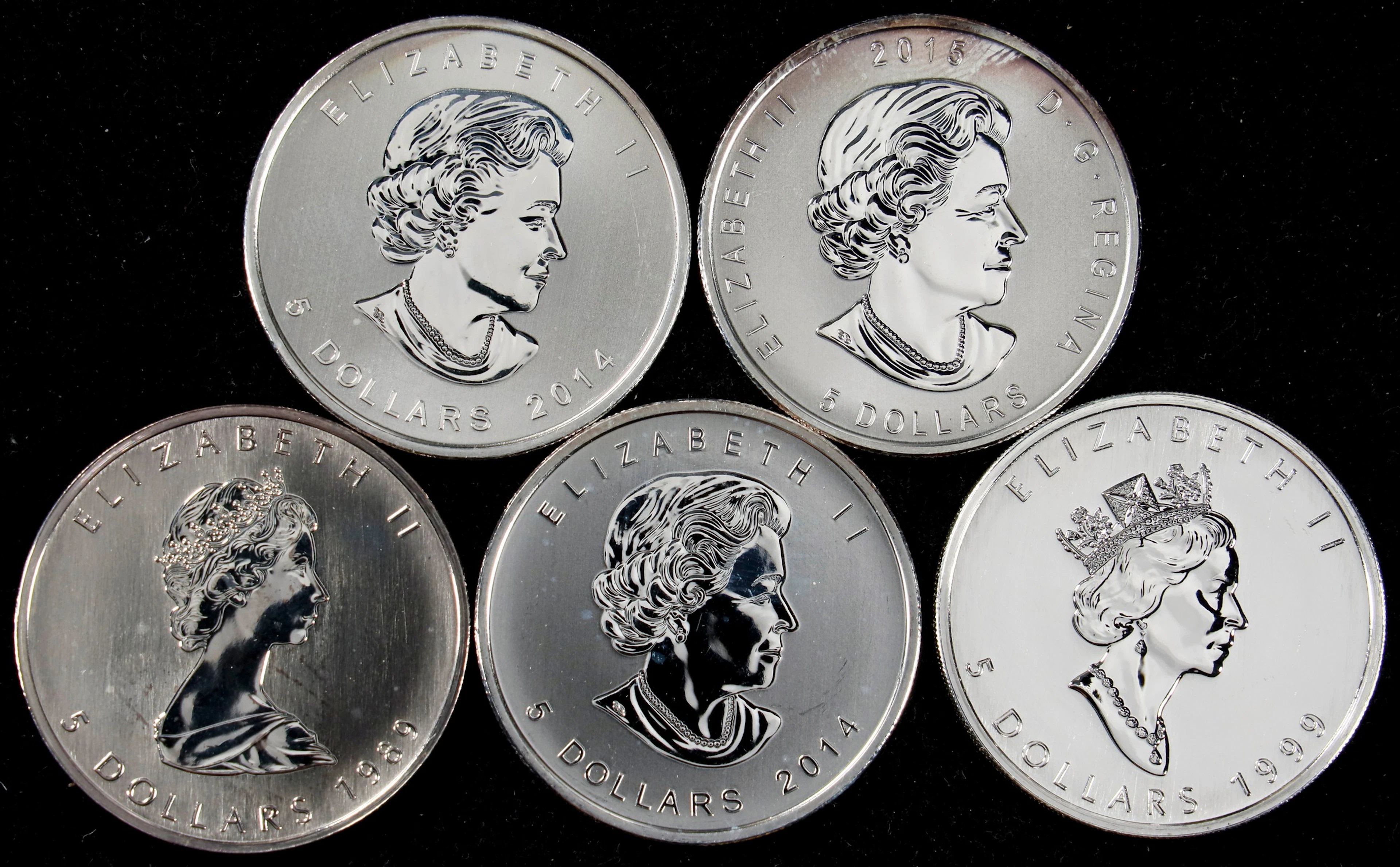 (5 oz, 155.52 g ASW). Canada. Lot of (5) Mixed Date 1 oz Silver $5.