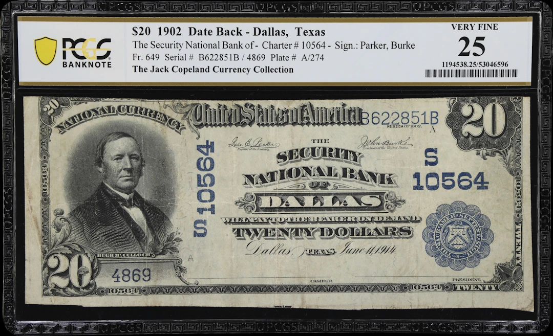 Dallas, Texas. $20 1902 Date Back. Fr. 649. Security NB. Charter #10564.