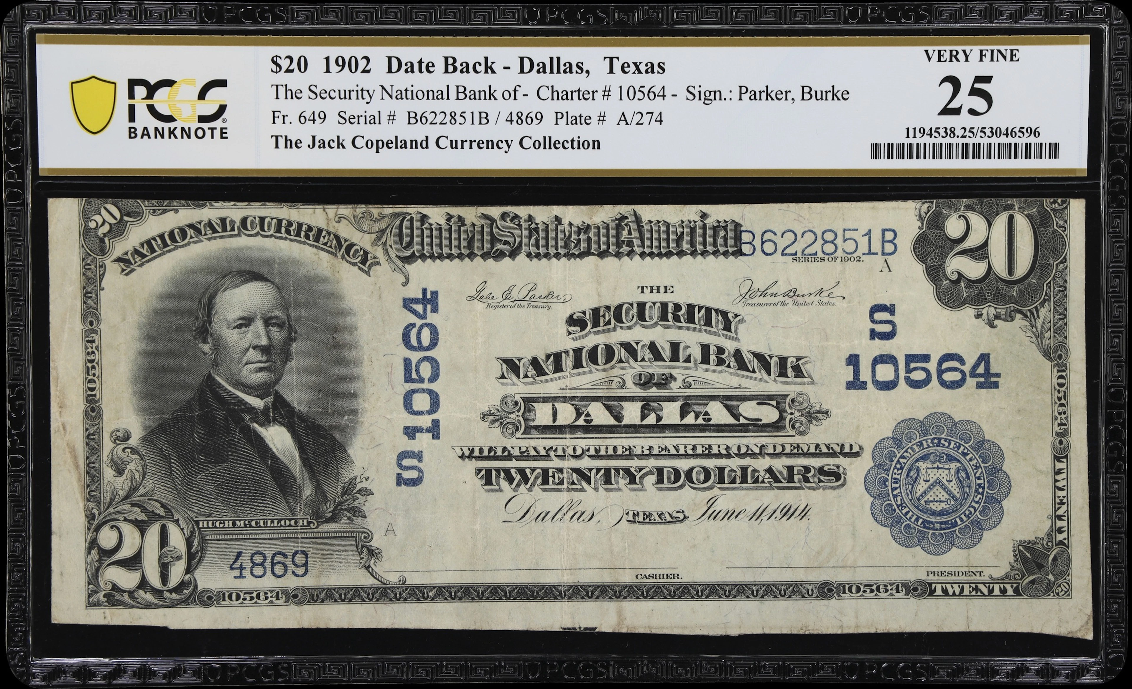 Dallas, Texas. $20 1902 Date Back. Fr. 649. Security NB. Charter #10564.