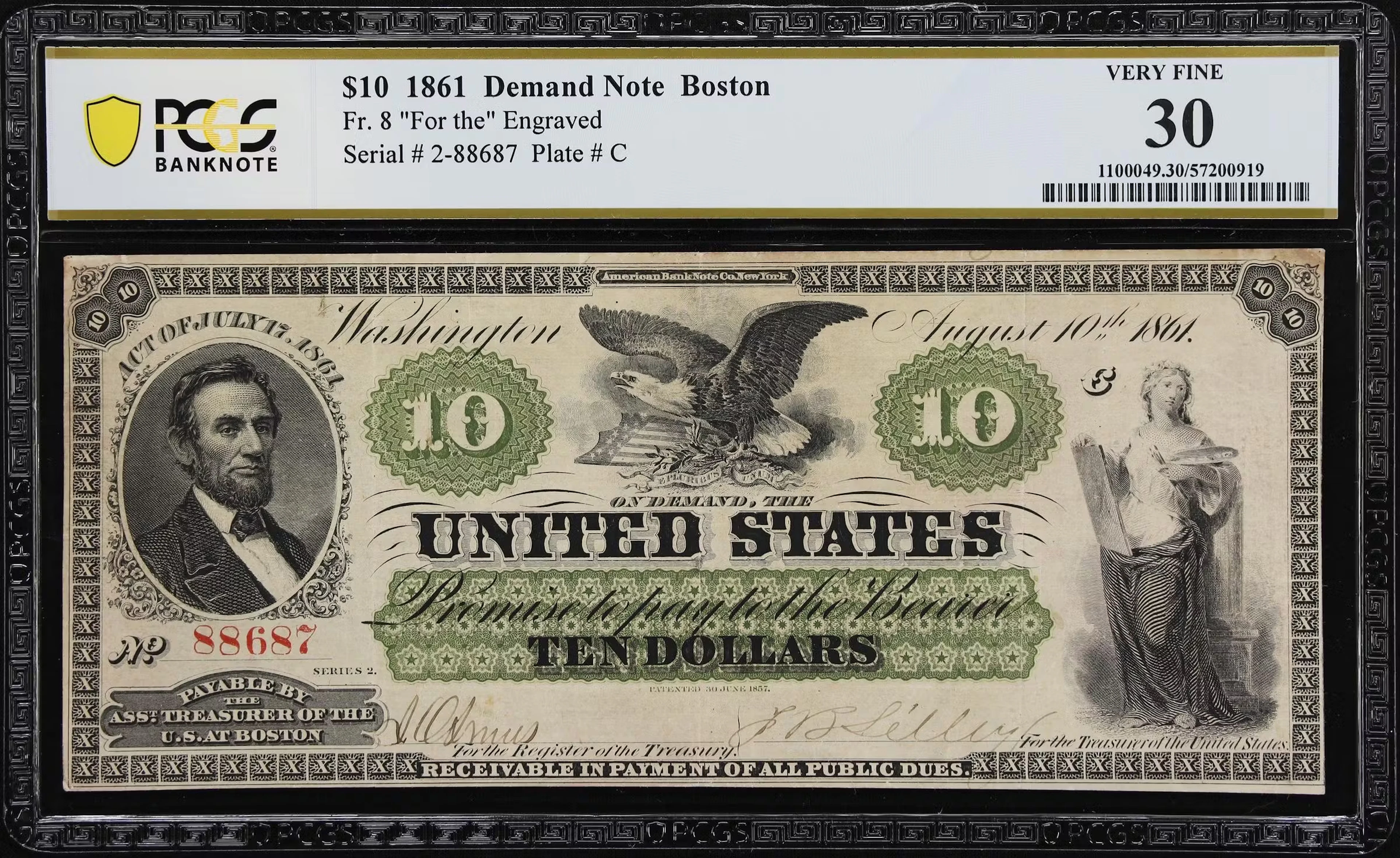 Fr. 8. 1861 $10 Demand Note. PCGS Banknote Very Fine 30.