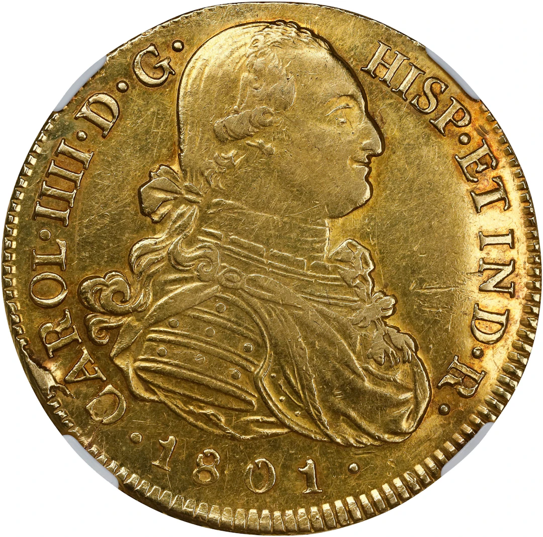 COLOMBIA. 8 Escudos, 1801-P JF. Popayan Mint. Charles IV. NGC AU