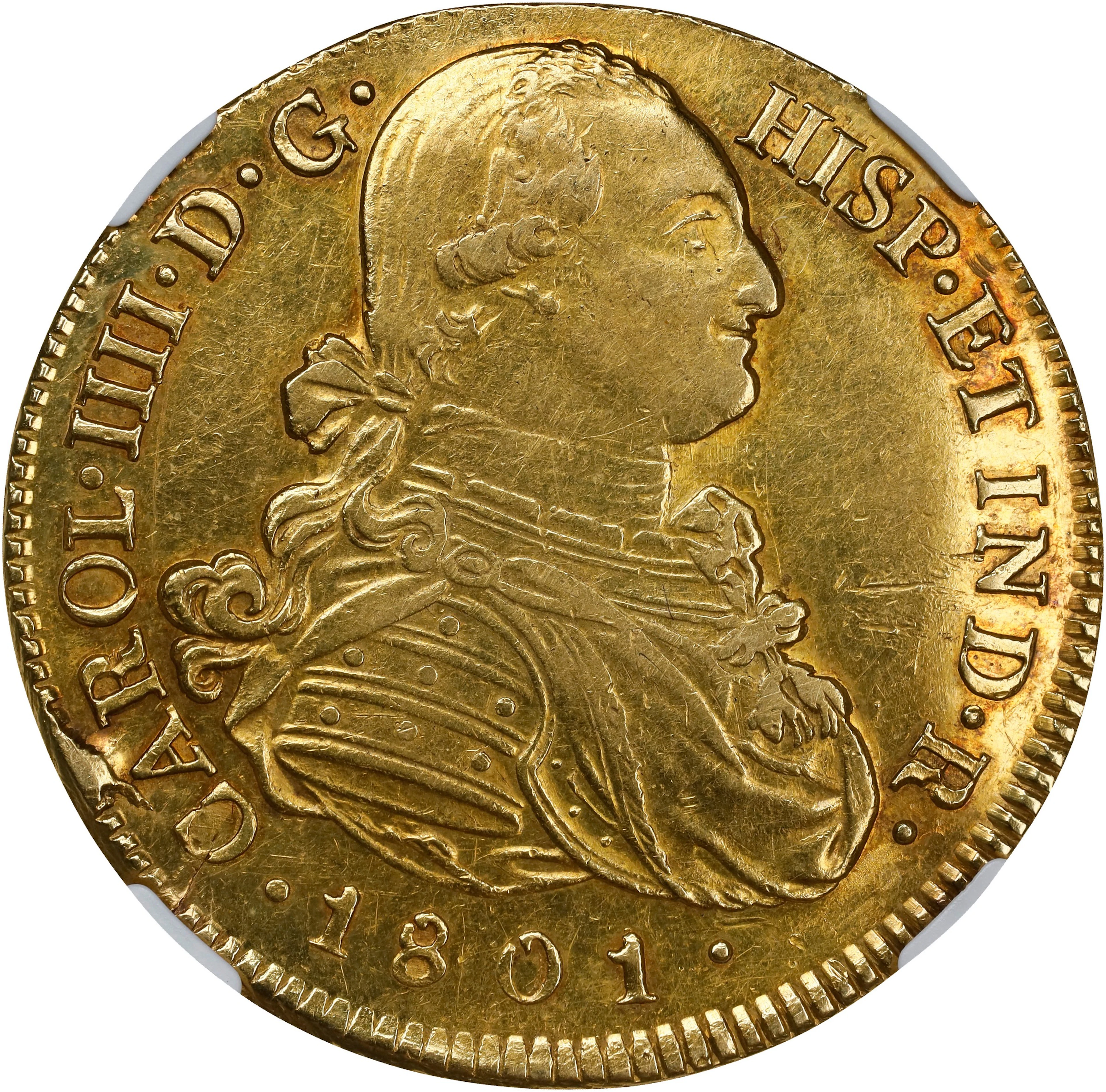 COLOMBIA. 8 Escudos, 1801-P JF. Popayan Mint. Charles IV. NGC AU