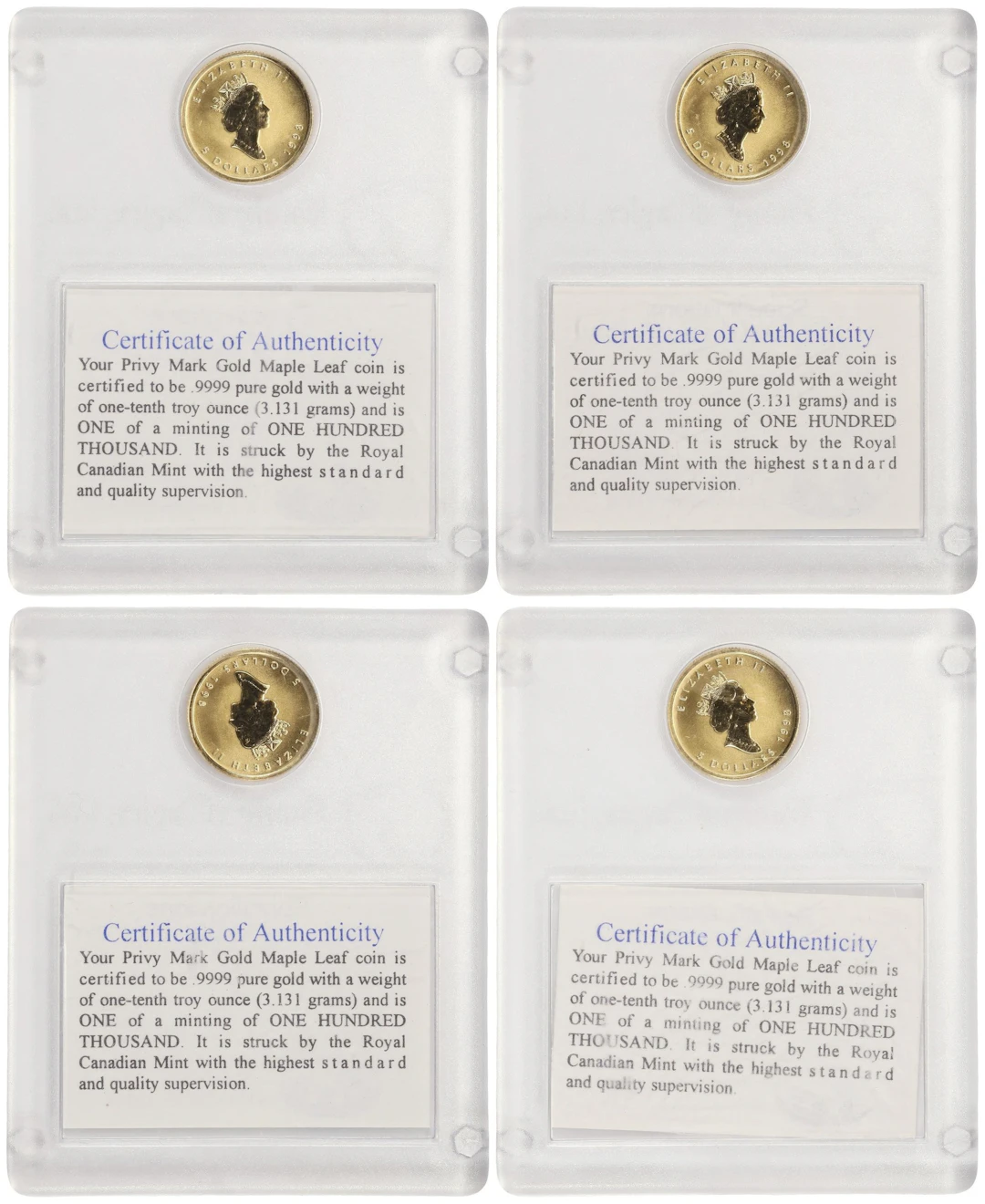 (0.4 oz, 12.442 g AGW). Canada. Lot of (4) 1998 1/10 oz Gold Maple Leaf $5.
