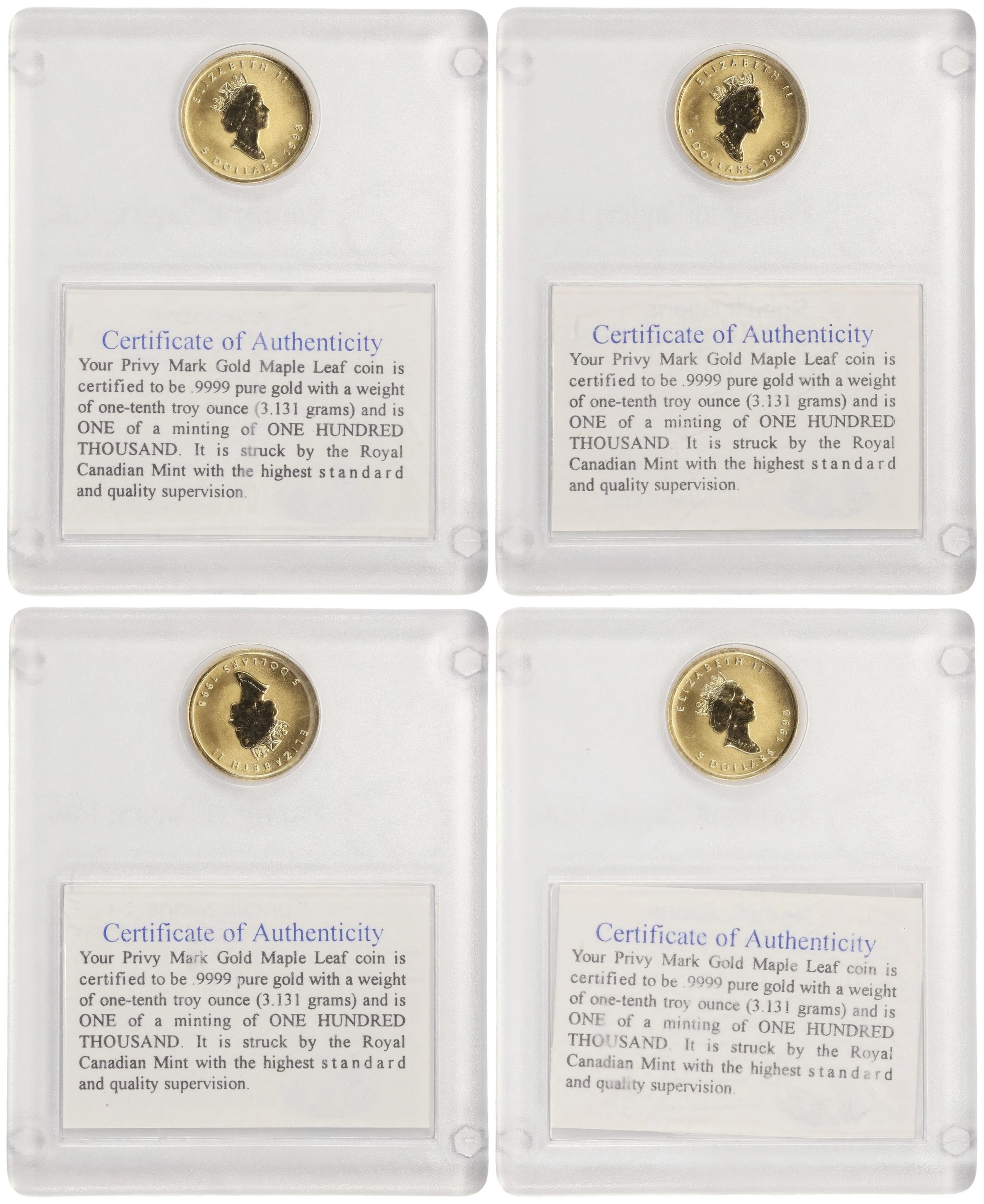 (0.4 oz, 12.442 g AGW). Canada. Lot of (4) 1998 1/10 oz Gold Maple Leaf $5.