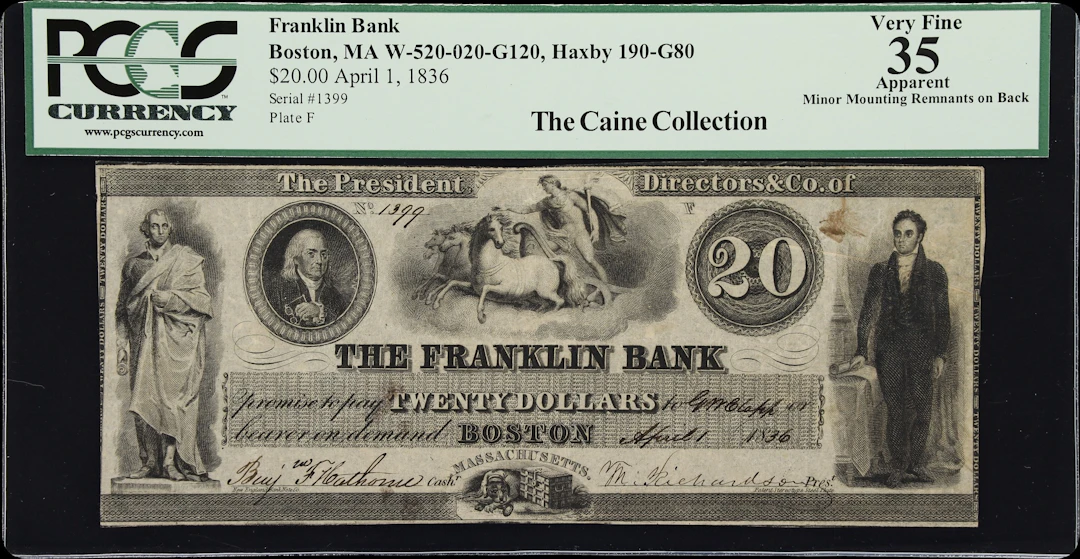 Boston, Massachusetts. Franklin Bank. 1836 $20. PCGS Currency Very