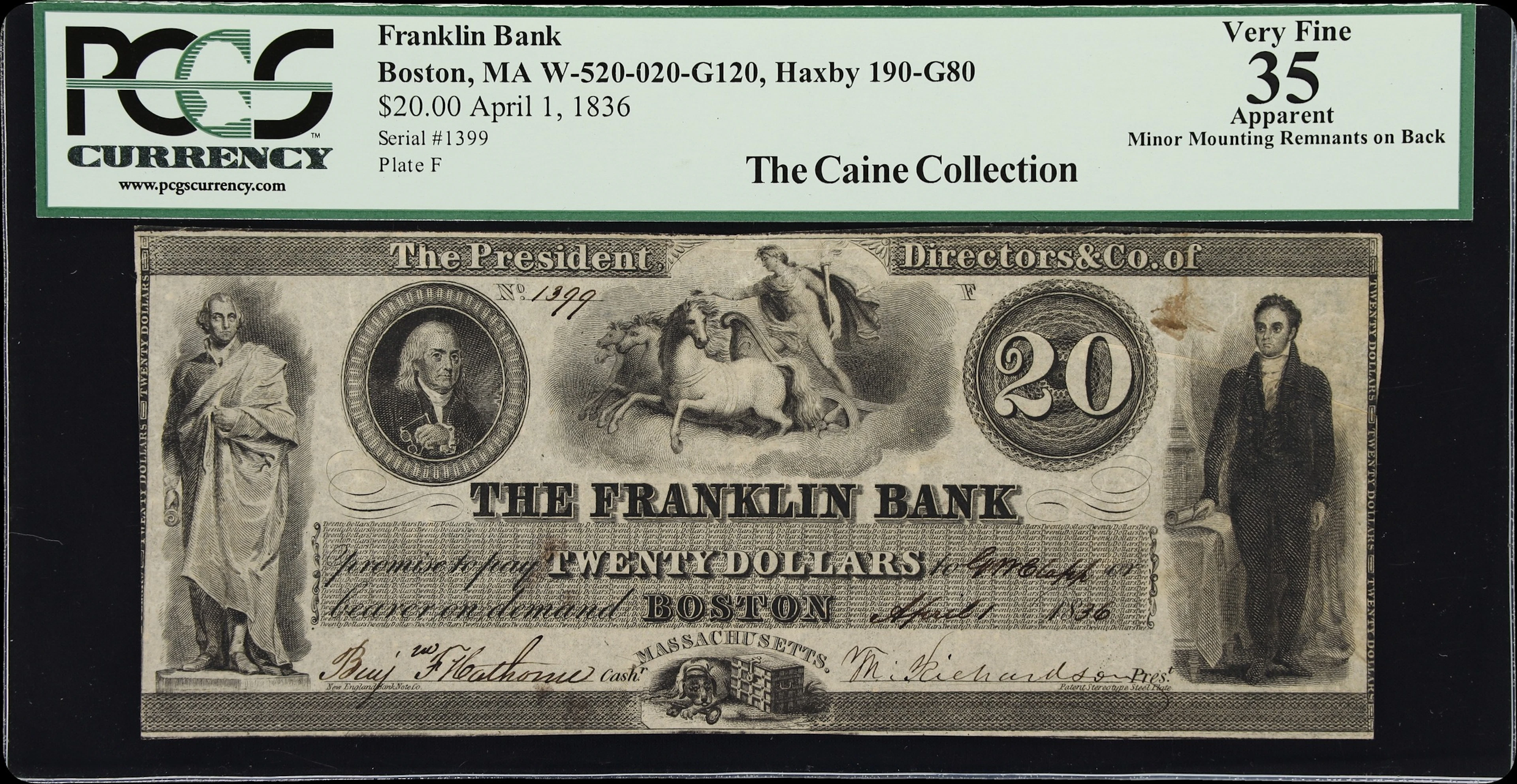 Boston, Massachusetts. Franklin Bank. 1836 $20. PCGS Currency Very